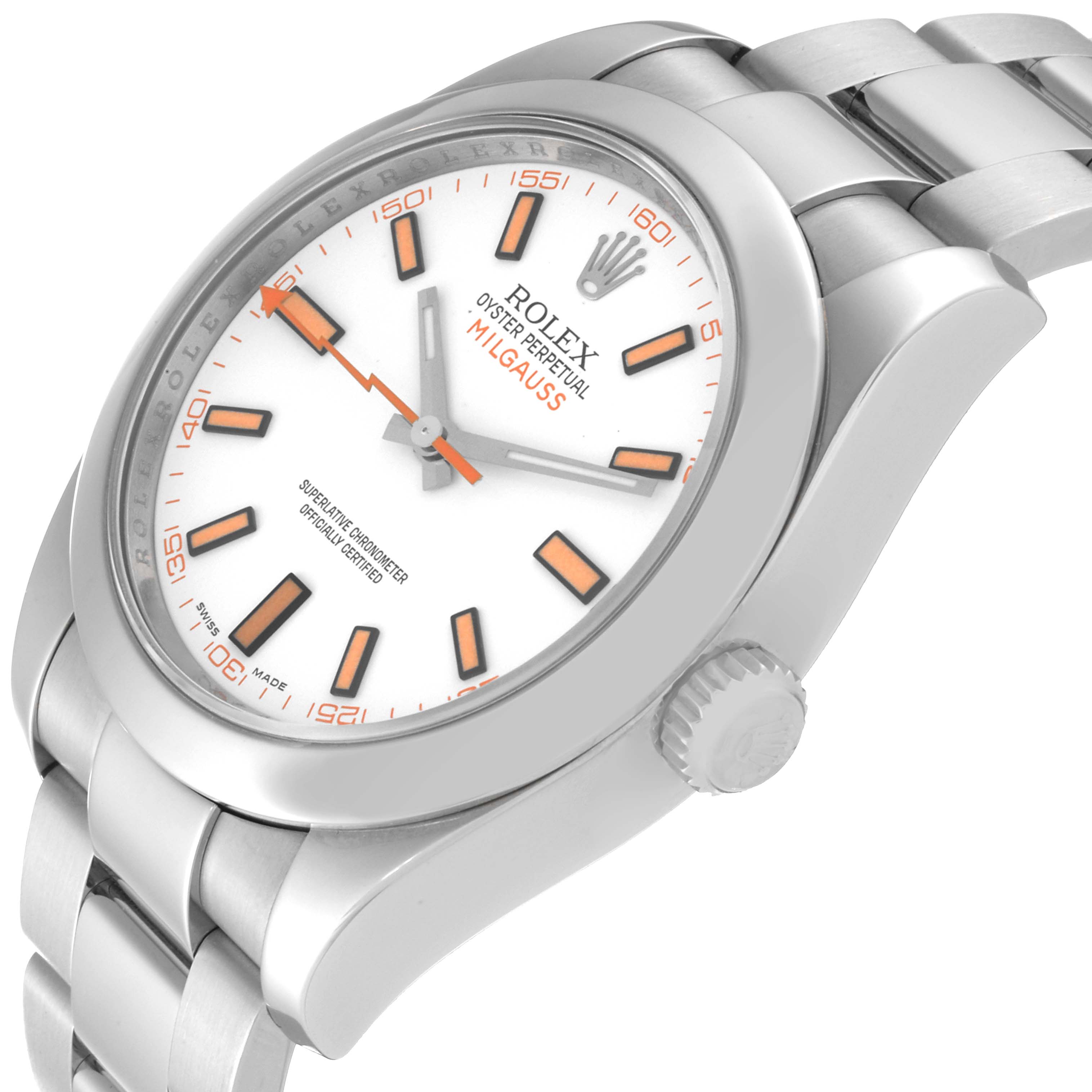 This image shows a side angle of a Rolex Milgauss 116400 Men's Stainless Steel White Dial 116400 Men's Stainless Steel White Dial watch, highlighting its white dial, orange markers, crown, and metal bracelet.