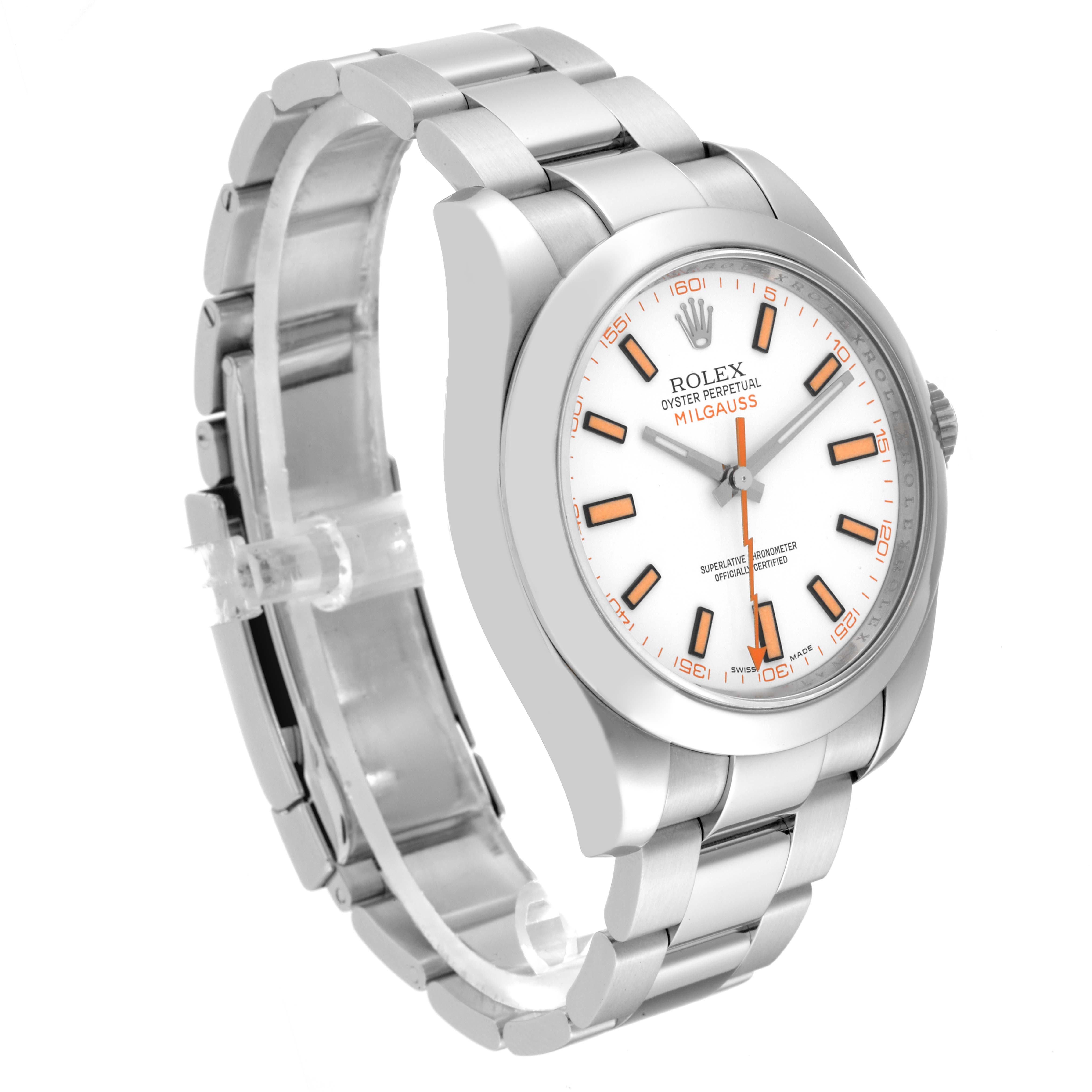 The Rolex Milgauss 116400 Men's Stainless Steel White Dial 116400 Men's Stainless Steel White Dial watch is shown at a slight angle, highlighting the white dial, orange markers, and stainless steel bracelet.