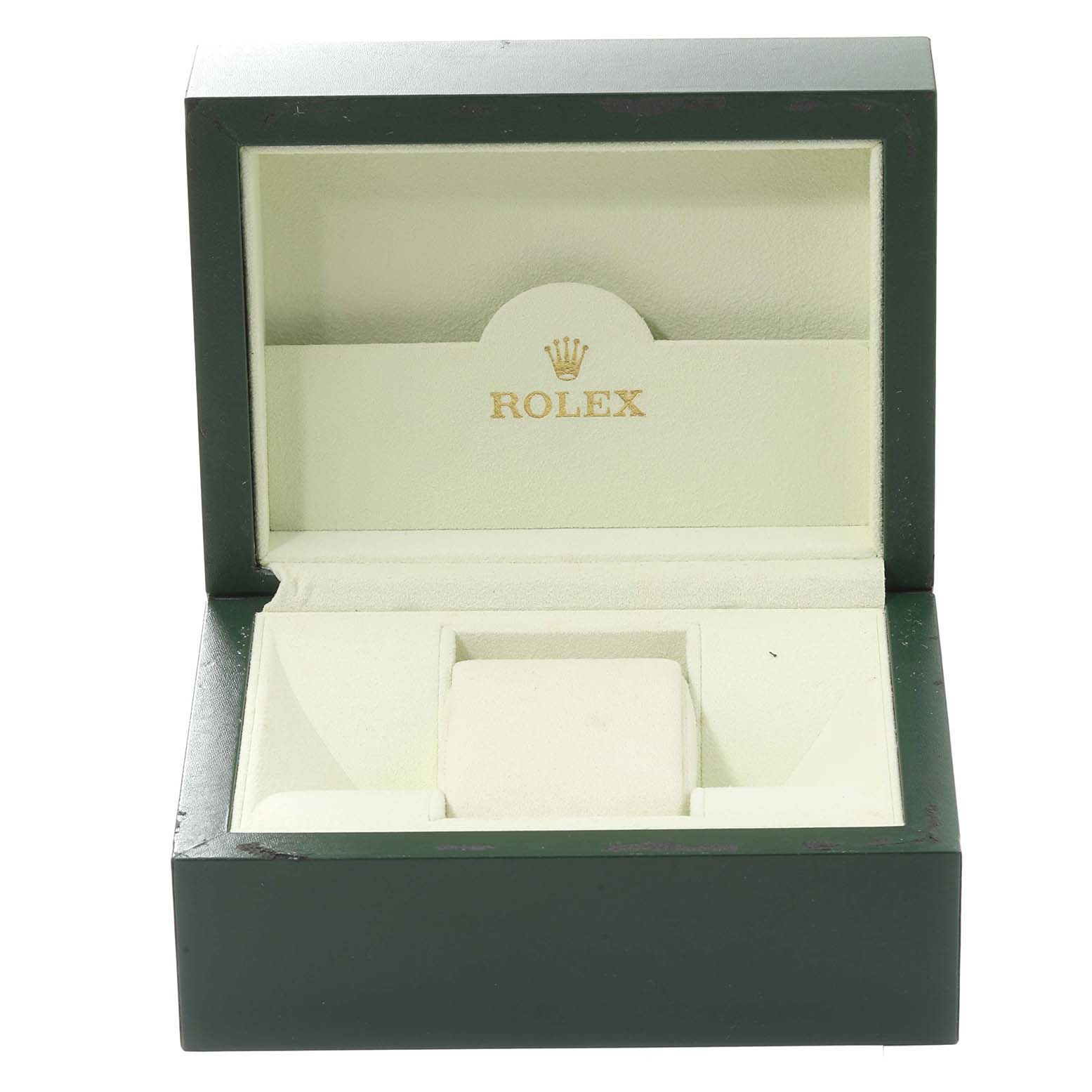 This image shows an open Rolex Milgauss 116400 Men's Stainless Steel White Dial 116400 Men's Stainless Steel White Dial watch box with the inner cushion and compartments visible.
