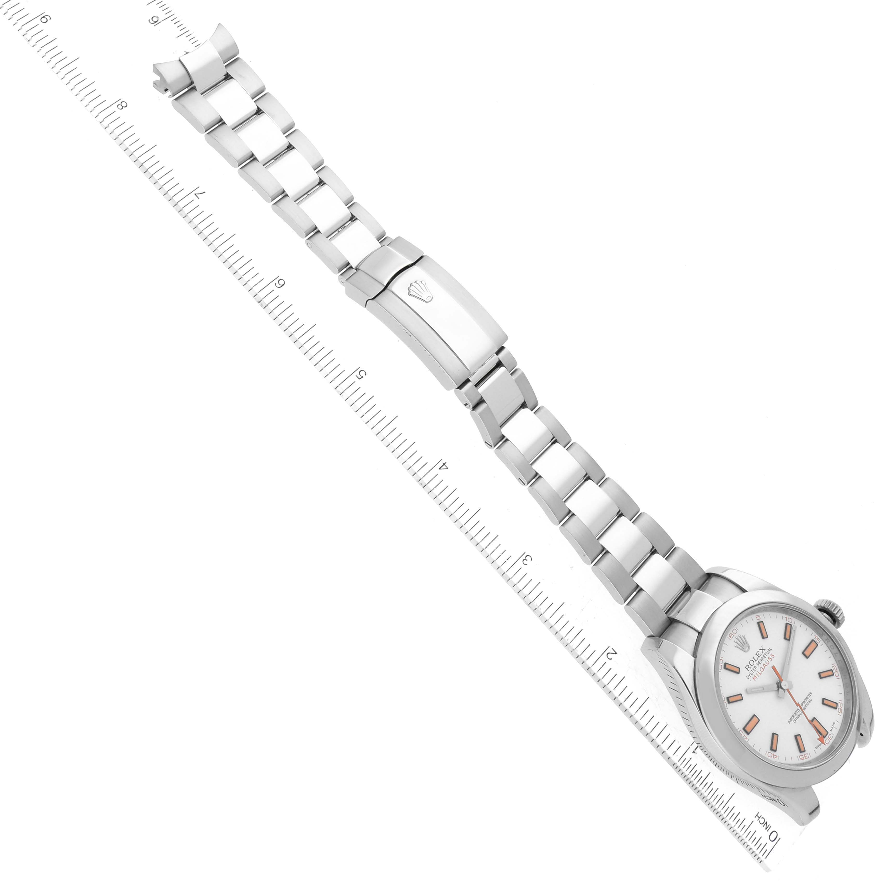 The image shows a top-down view of a Rolex Milgauss 116400 Men's Stainless Steel White Dial 116400 Men's Stainless Steel White Dial watch, displaying the entire watch, including its band, clasp, and face.