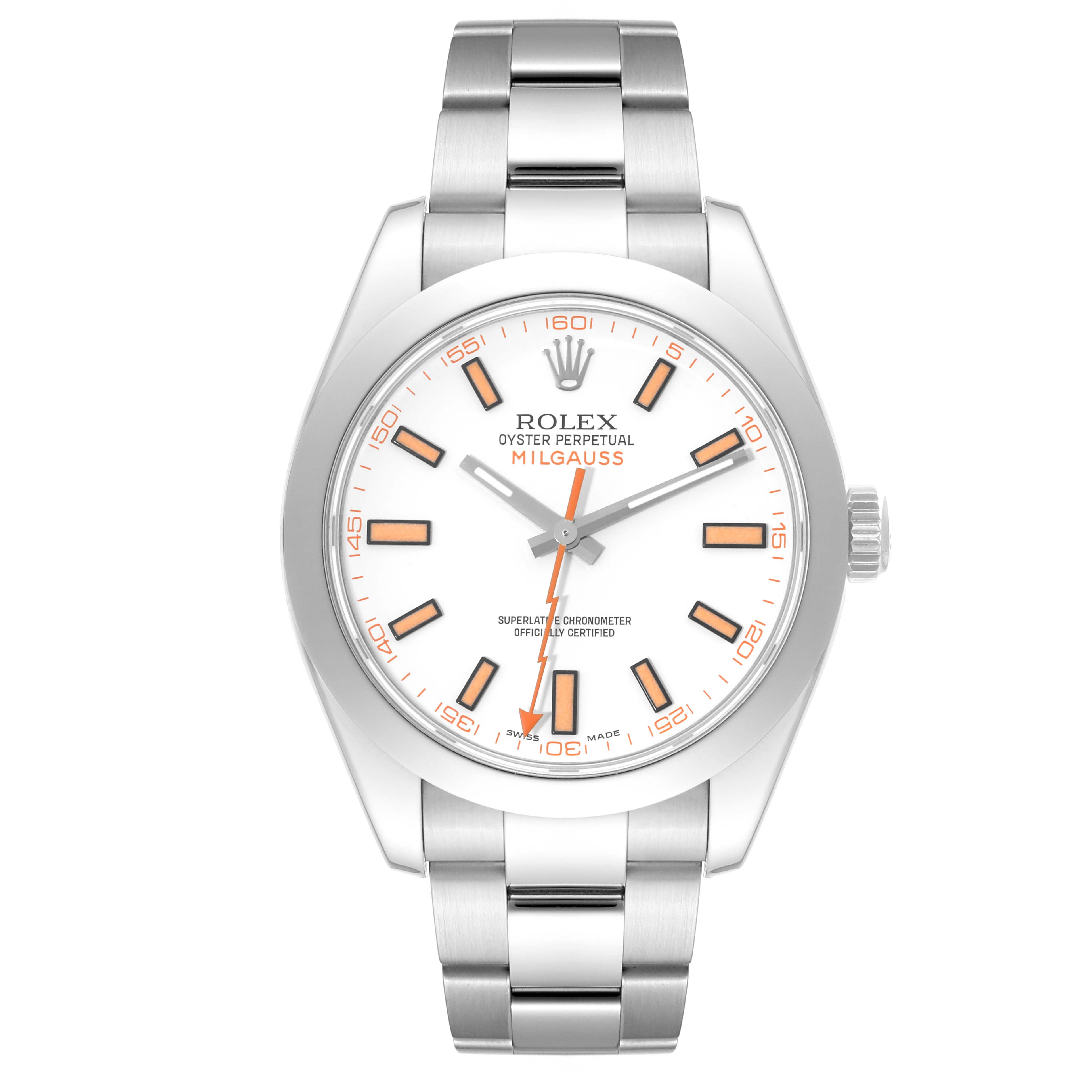 The Rolex Milgauss 116400 Men's Stainless Steel White Dial 116400 Men's Stainless Steel White Dial watch is shown from a front angle, displaying the dial, hour markers, hands, case, and bracelet.