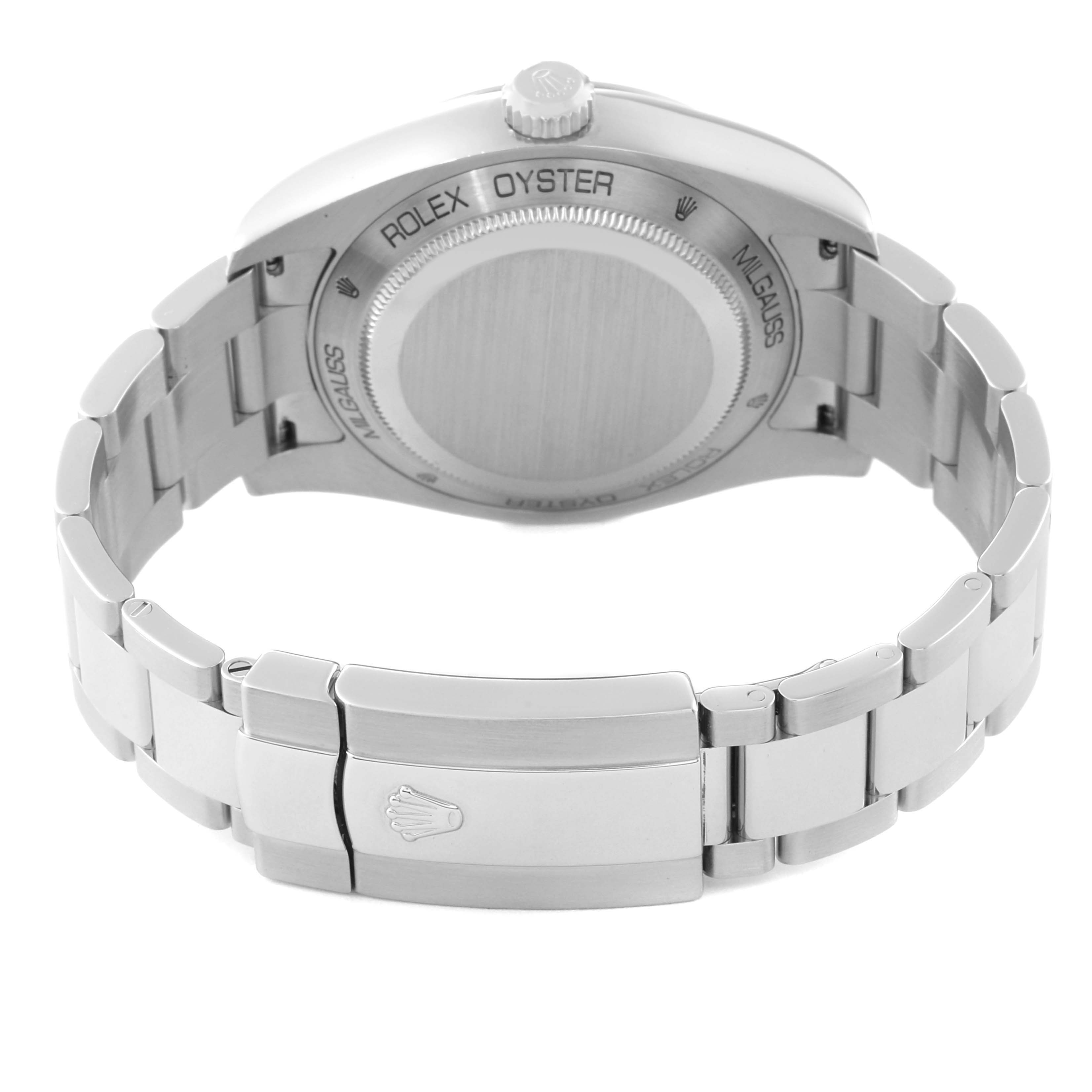 This image shows the back case and bracelet of a Rolex Milgauss 116400 Men's Stainless Steel White Dial 116400 Men's Stainless Steel White Dial watch including the clasp and crown.