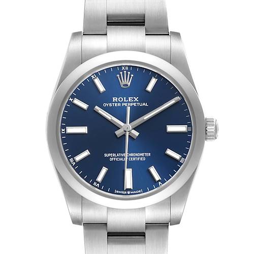 The Rolex Oyster Perpetual 124200 Men's Stainless Steel Blue Dial watch is shown from a straight-on angle, highlighting the blue dial, hands, markers, and part of the bracelet.
