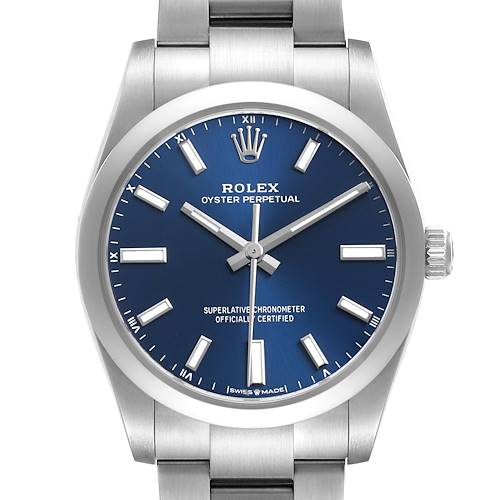 Photo of Rolex Oyster Perpetual 34 Blue Dial Steel Mens Watch 124200 Box Card