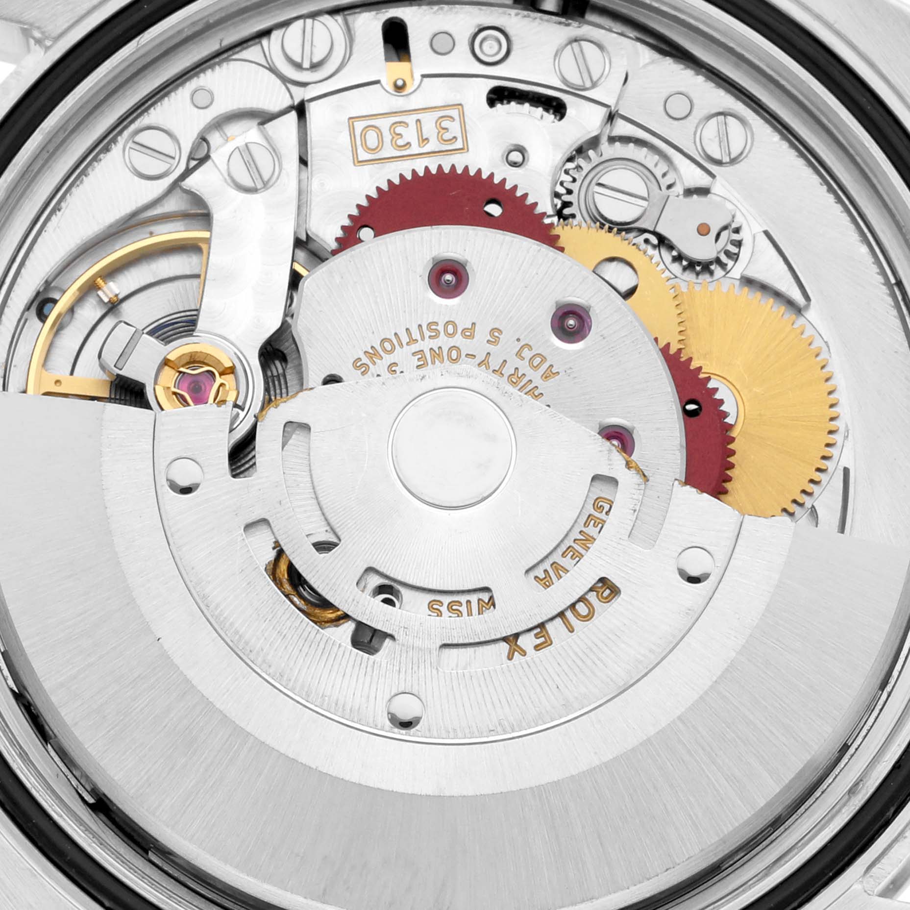 This image shows a close-up view of the movement and internal mechanism of a Rolex Oyster Perpetual 116000 Men
s Stainless Steel Black Dial 116000 Men
s Stainless Steel Black Dial watch.