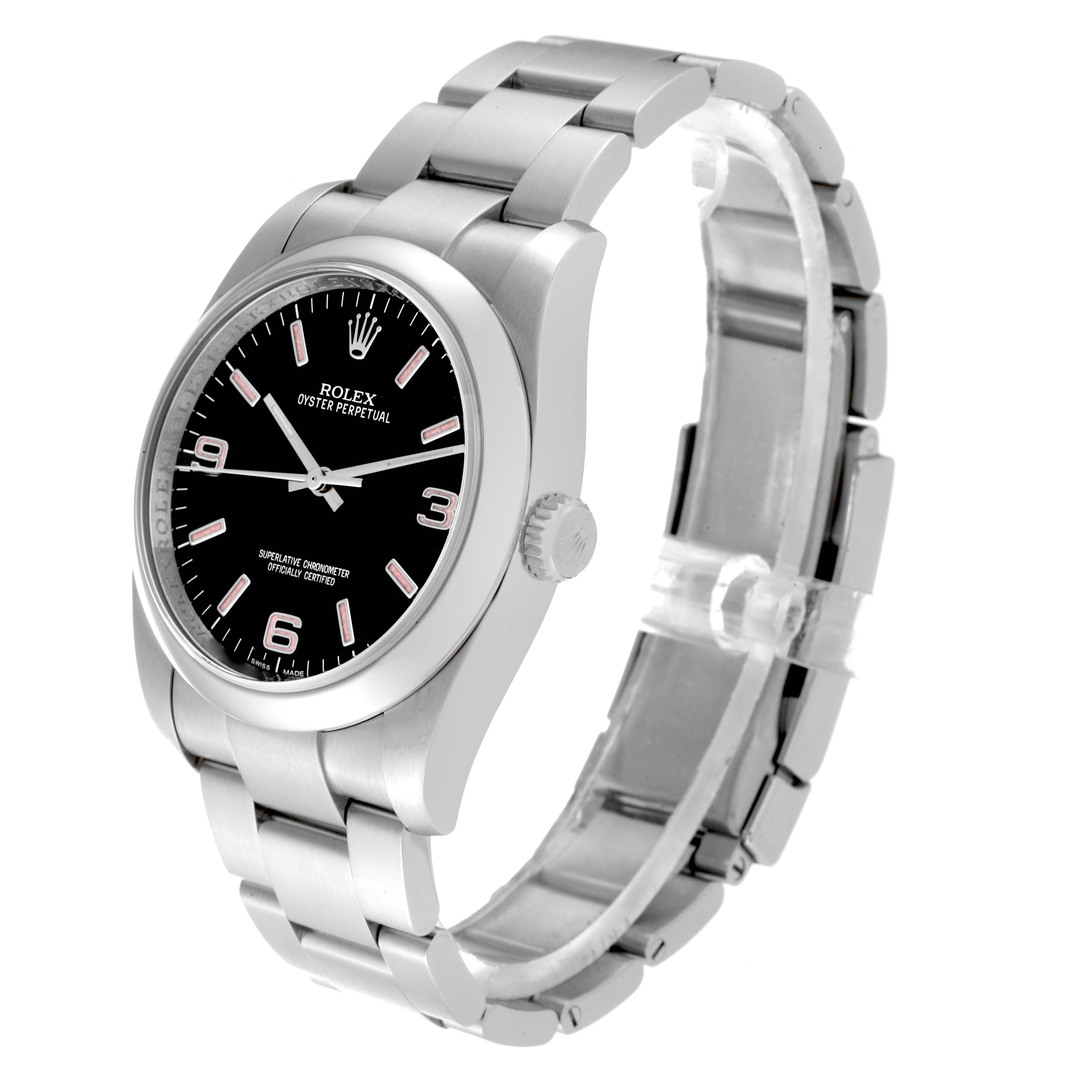 The image shows a Rolex Oyster Perpetual 116000 Men
s Stainless Steel Black Dial 116000 Men
s Stainless Steel Black Dial watch from a three-quarter angle, highlighting the dial, case, and bracelet.