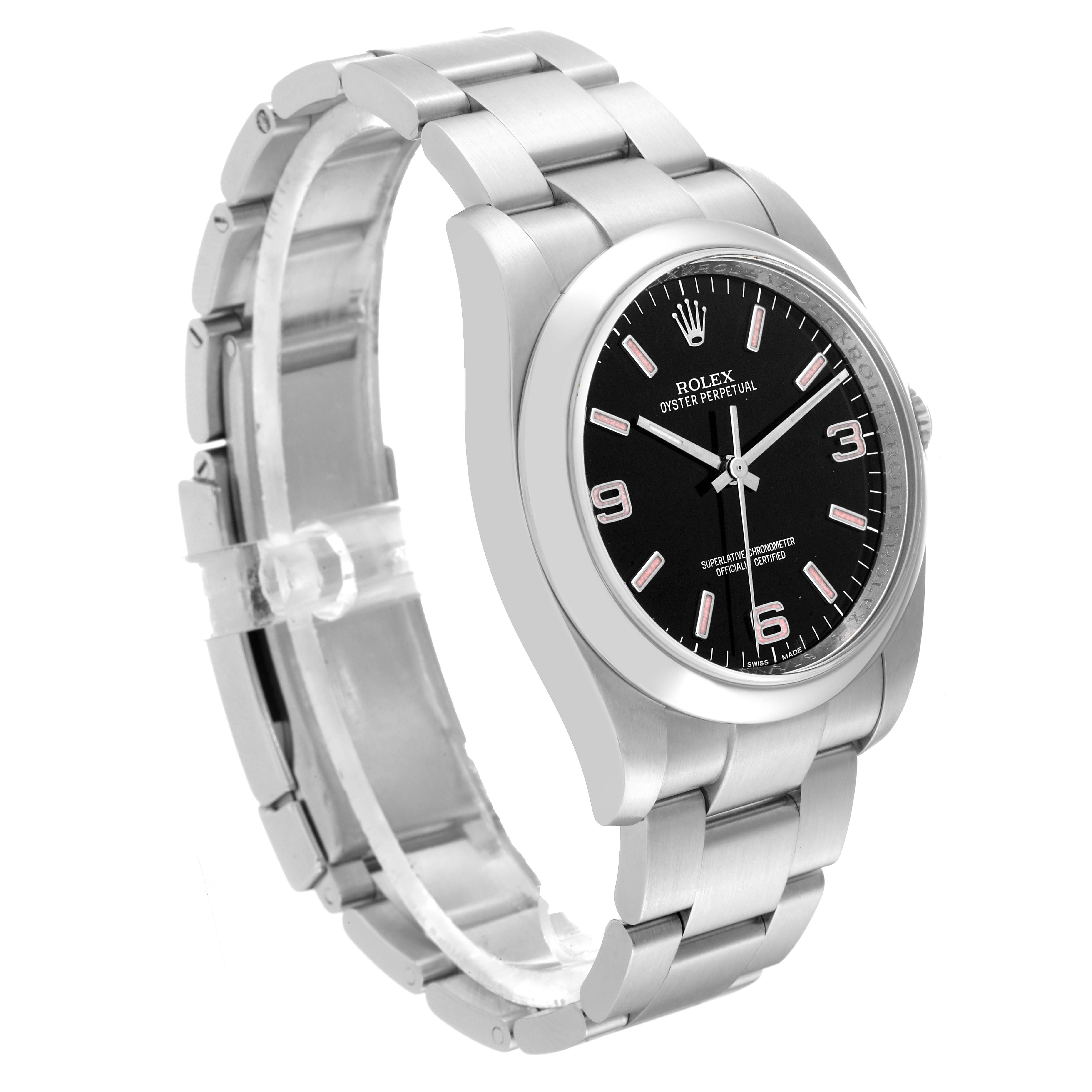 The image shows a side view of the Rolex Oyster Perpetual 116000 Men
s Stainless Steel Black Dial 116000 Men
s Stainless Steel Black Dial watch, highlighting its bracelet and black dial.
