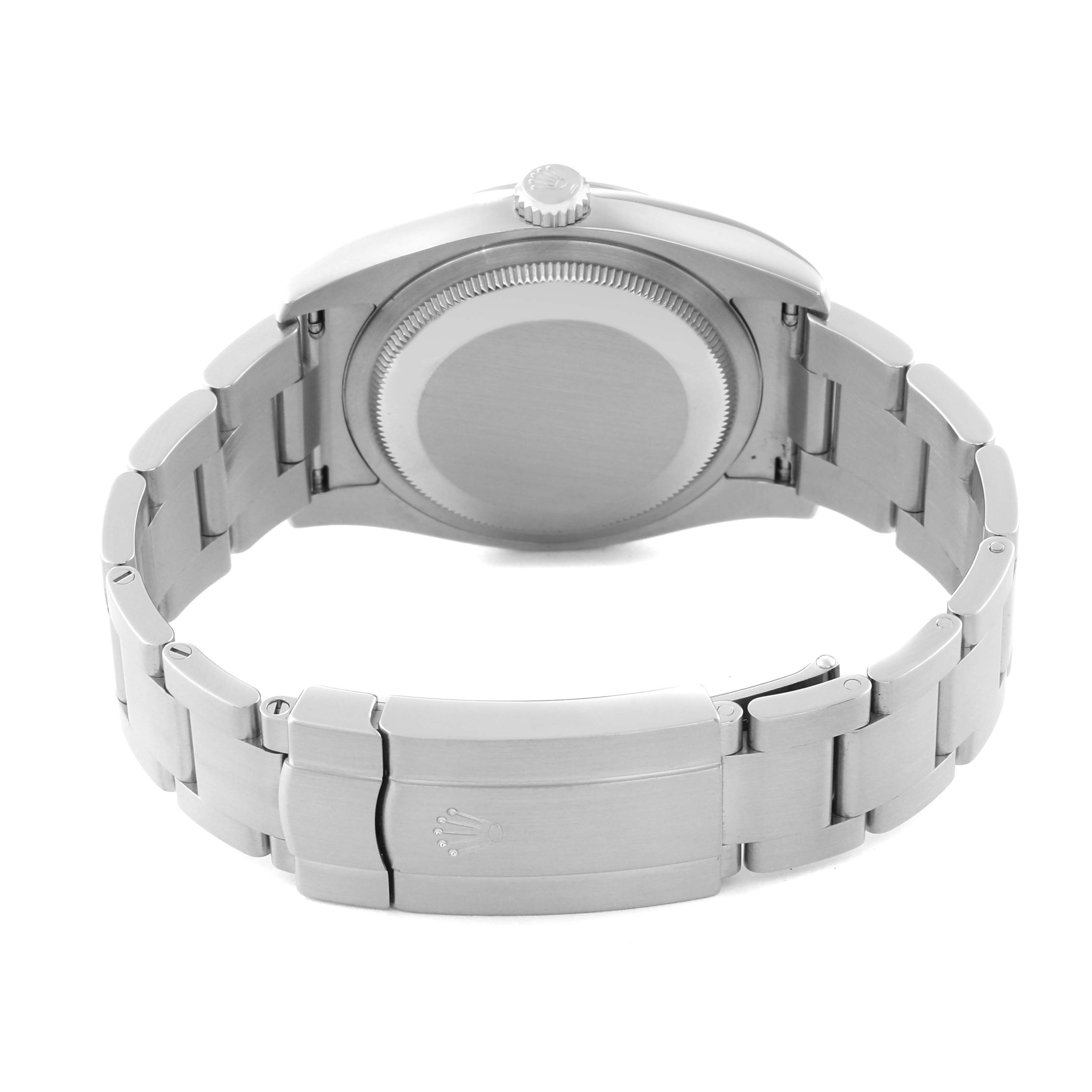 The image shows the back and clasp of a Rolex Oyster Perpetual 116000 Men
s Stainless Steel Black Dial 116000 Men
s Stainless Steel Black Dial watch at a straight-on angle.