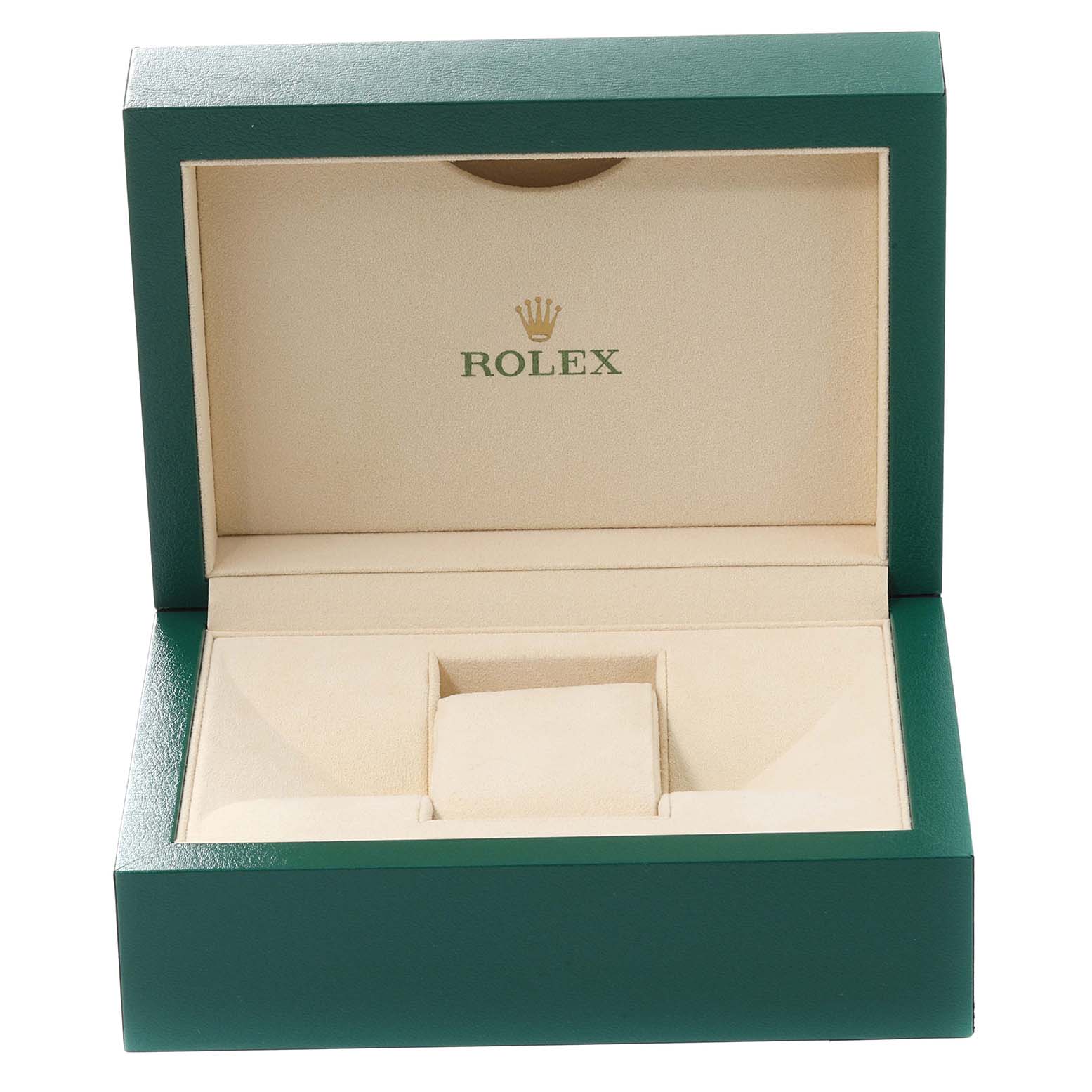 This is an open view of a Rolex Oyster Perpetual 116000 Men
s Stainless Steel Black Dial 116000 Men
s Stainless Steel Black Dial watch box, showing the inner compartment and cushion.