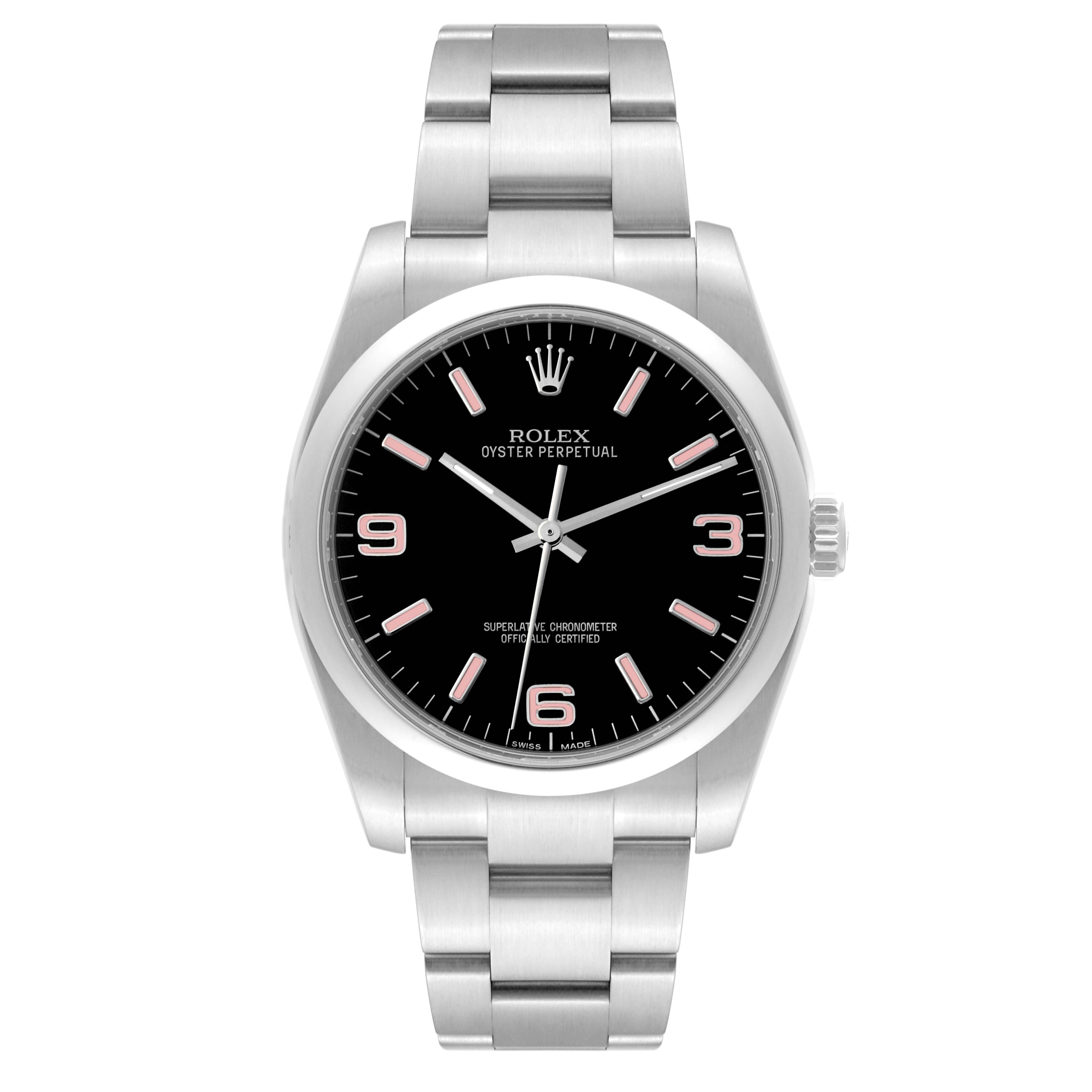 The Rolex Oyster Perpetual 116000 Men
s Stainless Steel Black Dial 116000 Men
s Stainless Steel Black Dial watch is shown from a front angle, displaying its black dial, silver indices, and stainless steel bracelet.