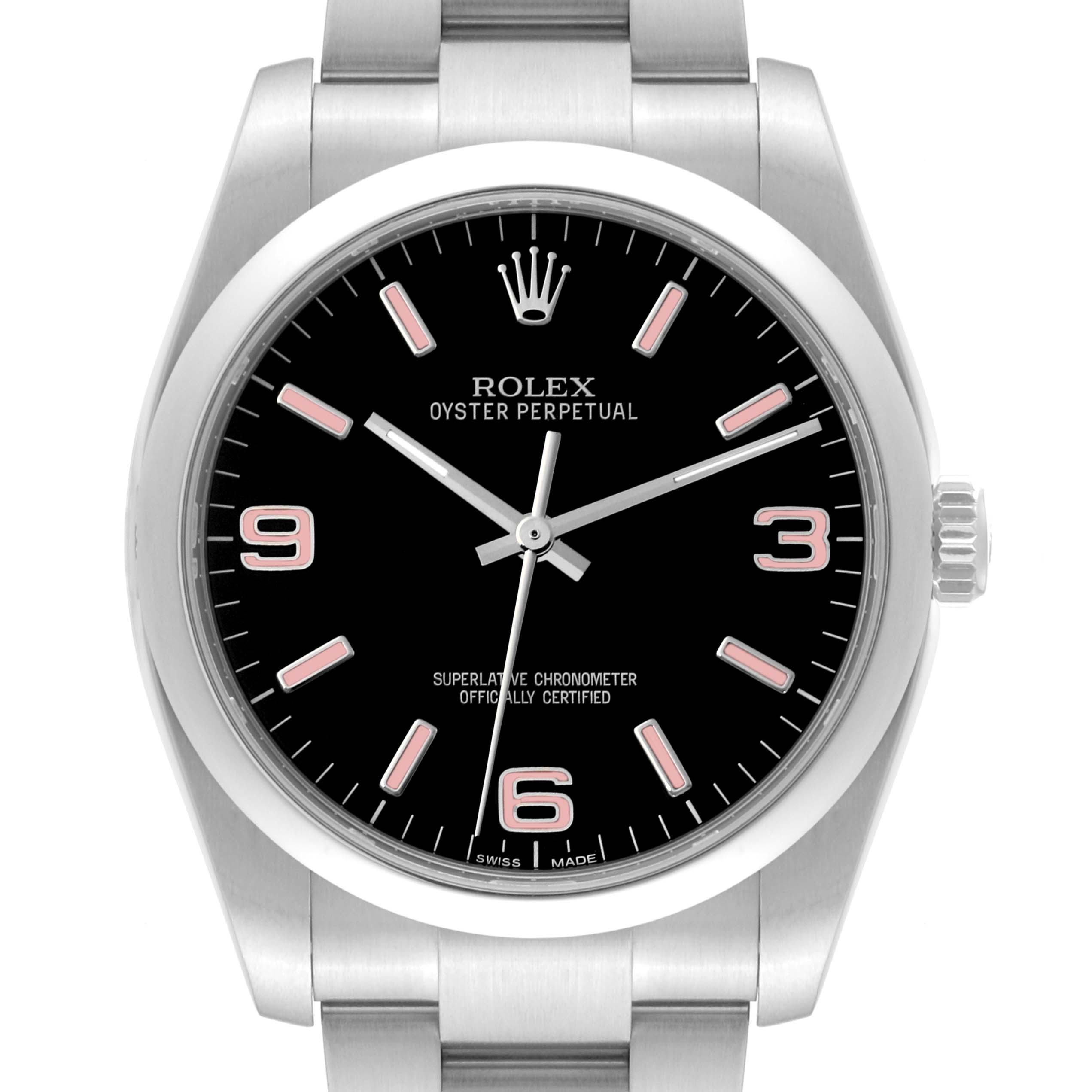 The image shows a front view of a Rolex Oyster Perpetual 116000 Men
s Stainless Steel Black Dial 116000 Men
s Stainless Steel Black Dial watch, highlighting its black dial, hour markers, hands, and part of the bracelet.