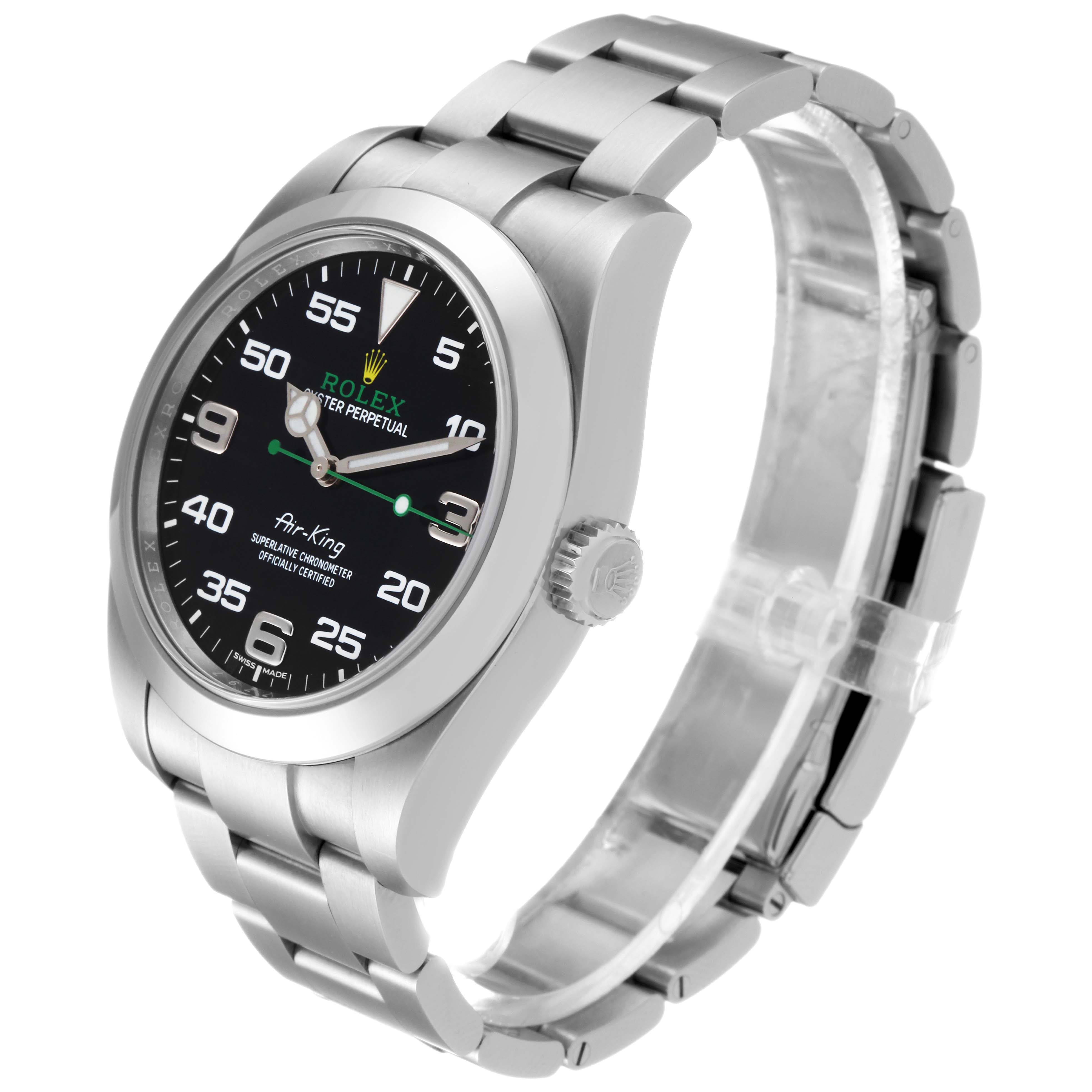 The image shows a side view of the Rolex Air-King 116900 Men's Stainless Steel Black Dial 116900 Men's Stainless Steel Black Dial watch, focusing on the dial, bracelet, and crown.