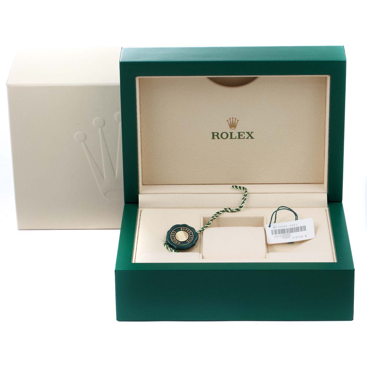 The image shows an open Rolex Air-King 116900 Men's Stainless Steel Black Dial 116900 Men's Stainless Steel Black Dial watch box with its accessories, including a tag, inside a green and beige case.