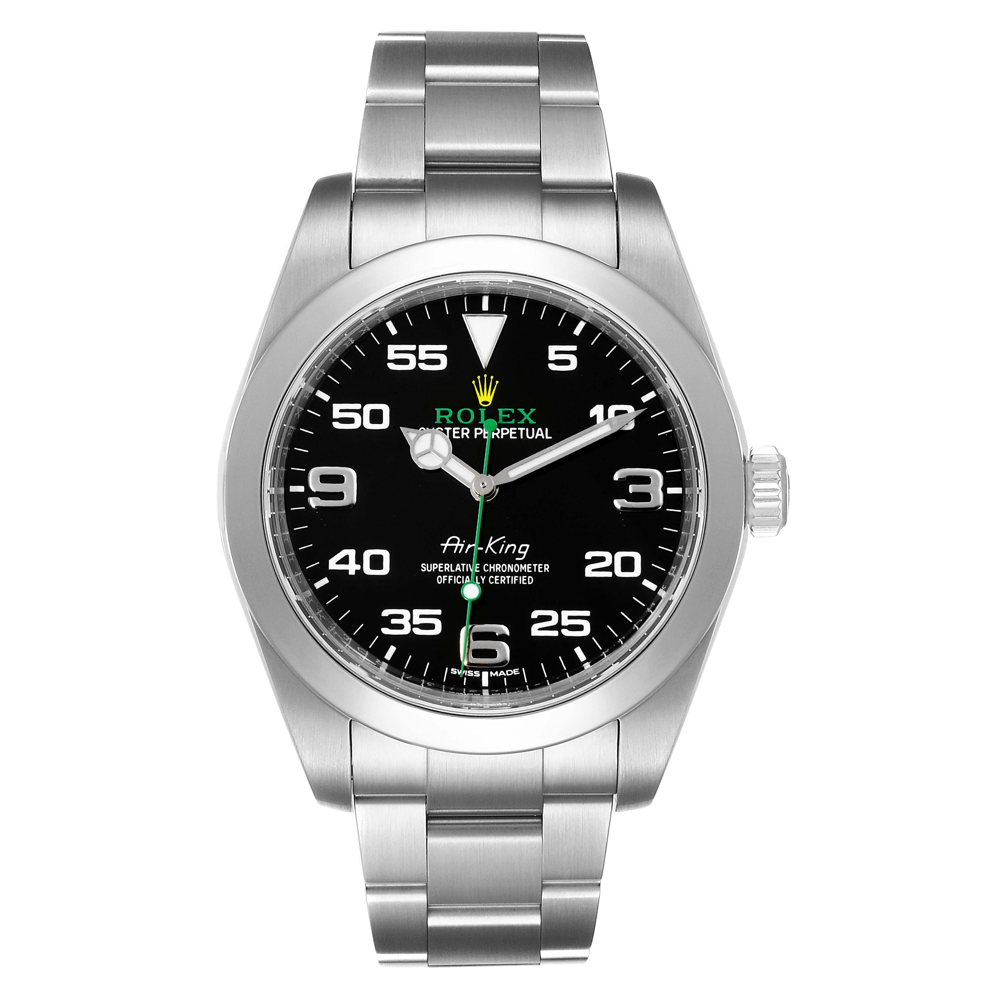 This is a front view of the Rolex Air-King 116900 Men's Stainless Steel Black Dial 116900 Men's Stainless Steel Black Dial watch, showing the face, bezel, crown, and bracelet.