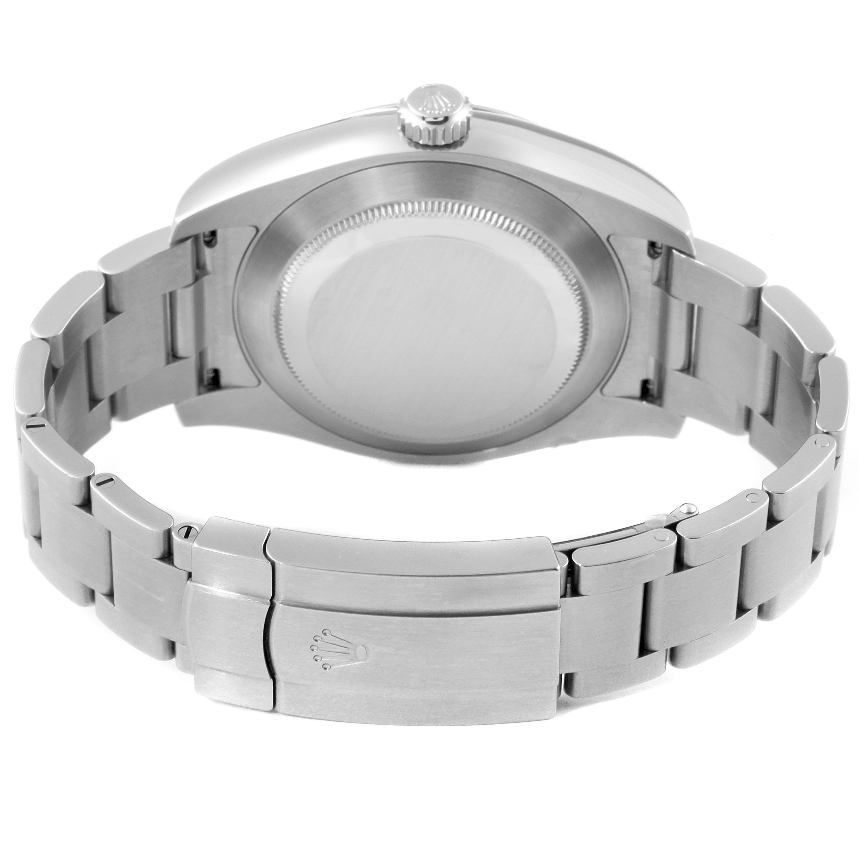 The image shows the back view of a Rolex Air-King 116900 Men's Stainless Steel Black Dial 116900 Men's Stainless Steel Black Dial watch, highlighting the caseback, crown, and stainless steel bracelet with a clasp.