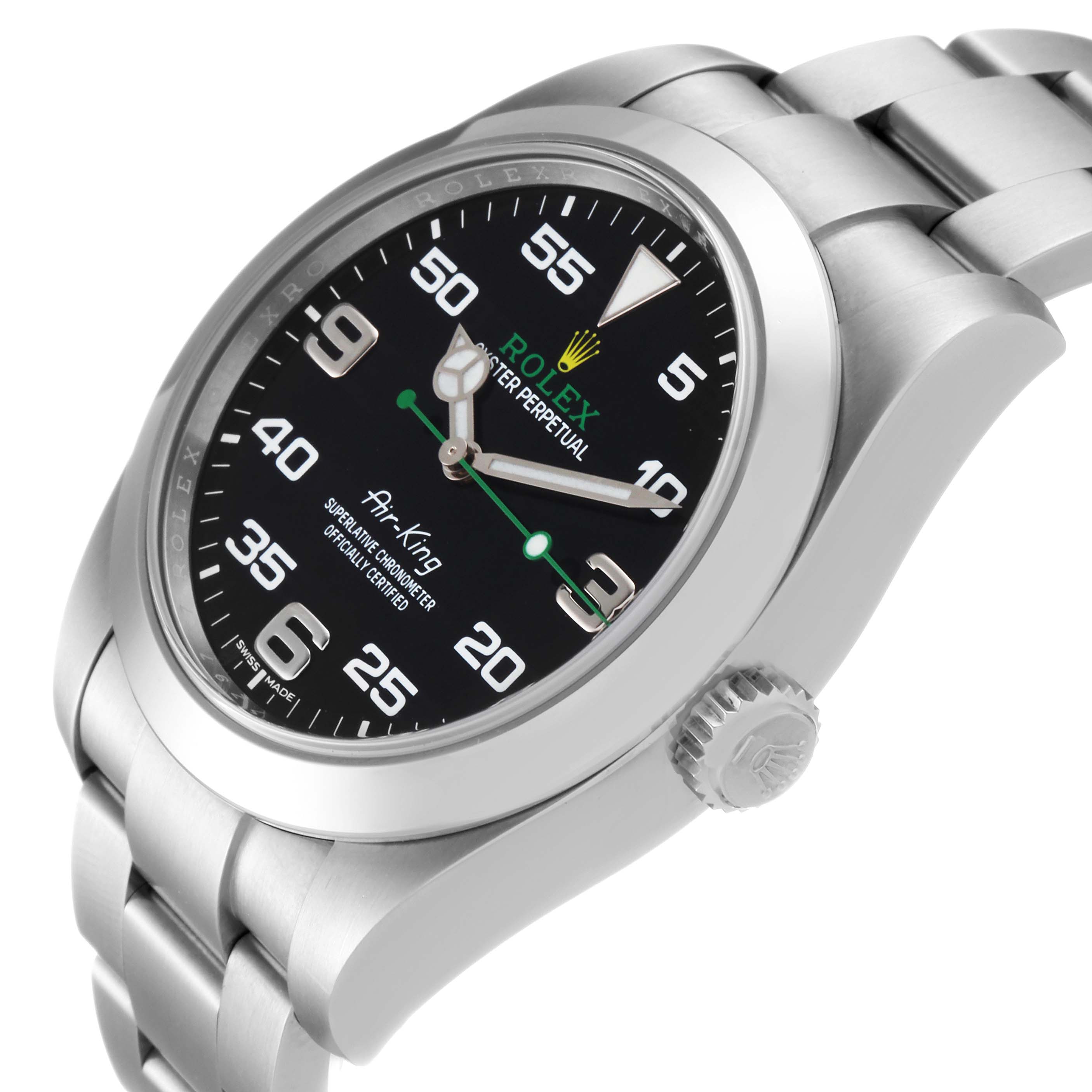 The image shows a side angle of the Rolex Air-King 116900 Men's Stainless Steel Black Dial 116900 Men's Stainless Steel Black Dial watch, highlighting its dial, bezel, bracelet, and crown.