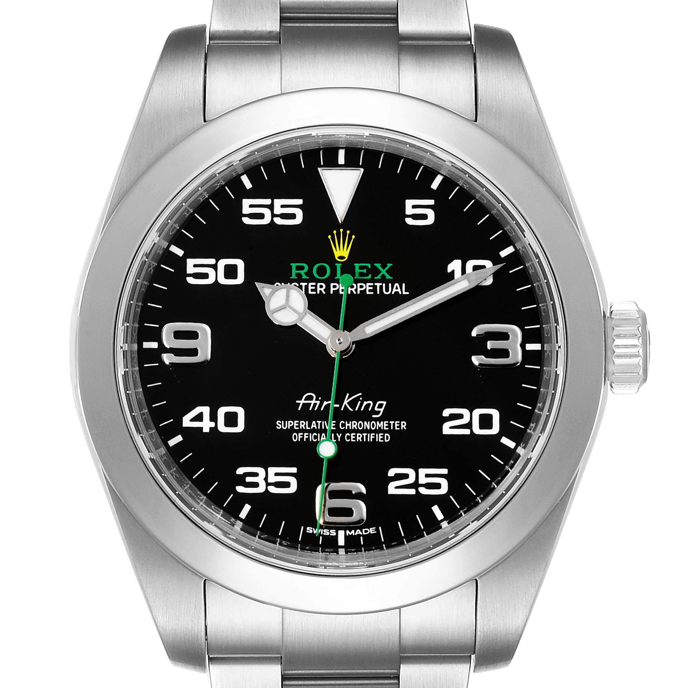 The image shows a front view of the Rolex Air-King 116900 Men's Stainless Steel Black Dial 116900 Men's Stainless Steel Black Dial watch, highlighting its black dial, stainless steel case, and bracelet.