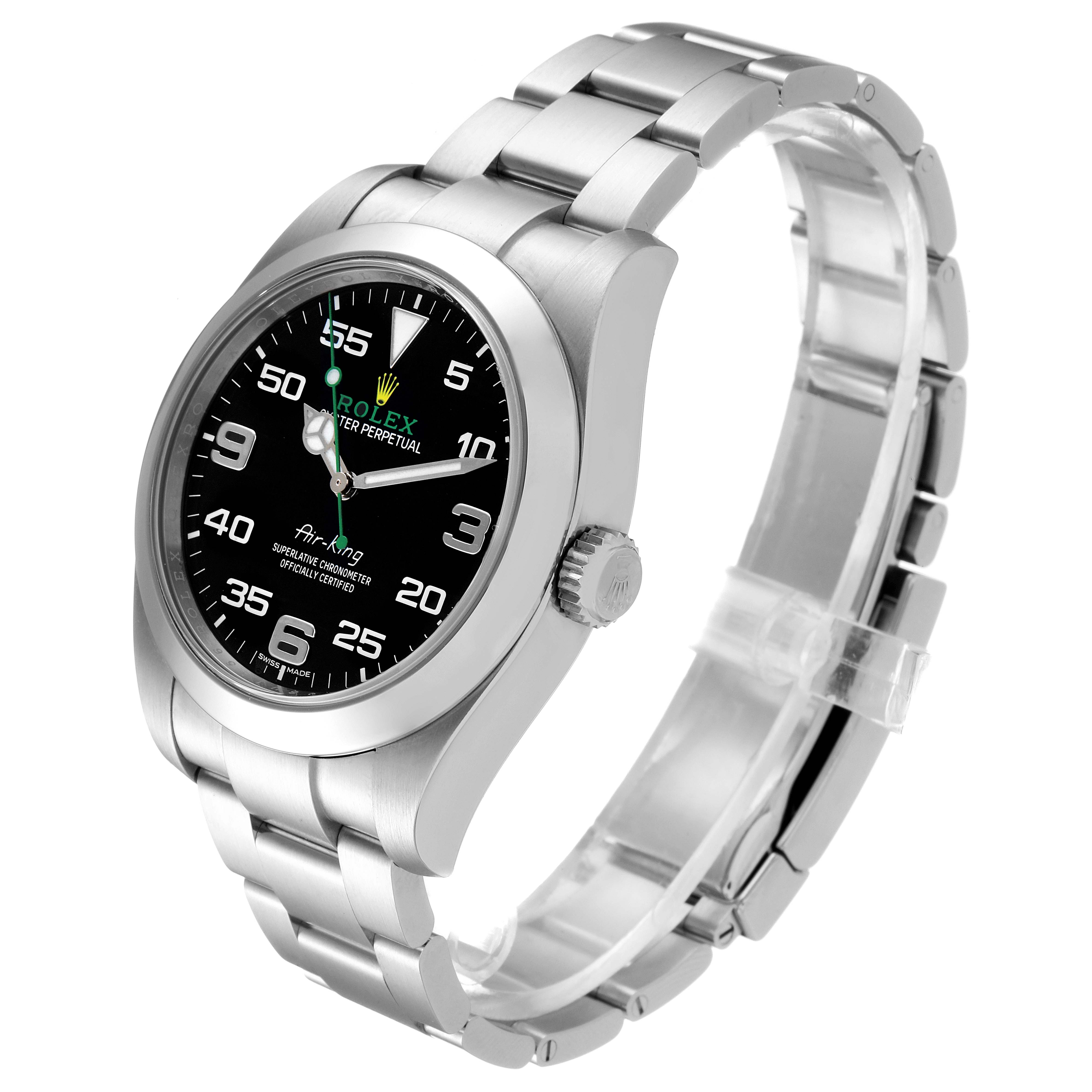 The Rolex Air-King 116900 Men's Stainless Steel Black Dial 116900 Men's Stainless Steel Black Dial watch is shown at a three-quarter angle, highlighting the face, bezel, crown, and bracelet.