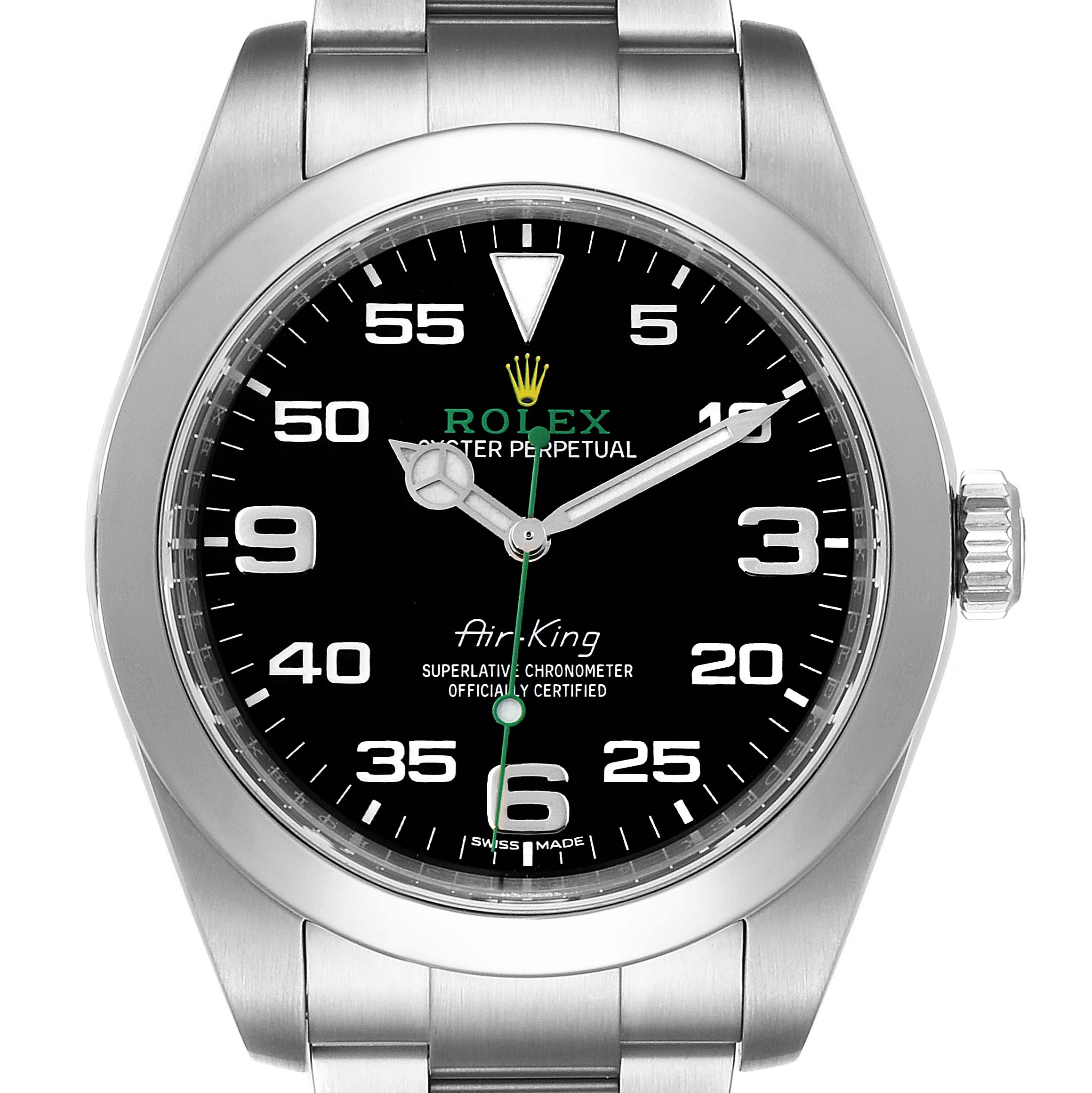The image shows a front view of the Rolex Air-King 116900 Men's Stainless Steel Black Dial 116900 Men's Stainless Steel Black Dial watch, highlighting its black dial, silver indices, and stainless steel bracelet.