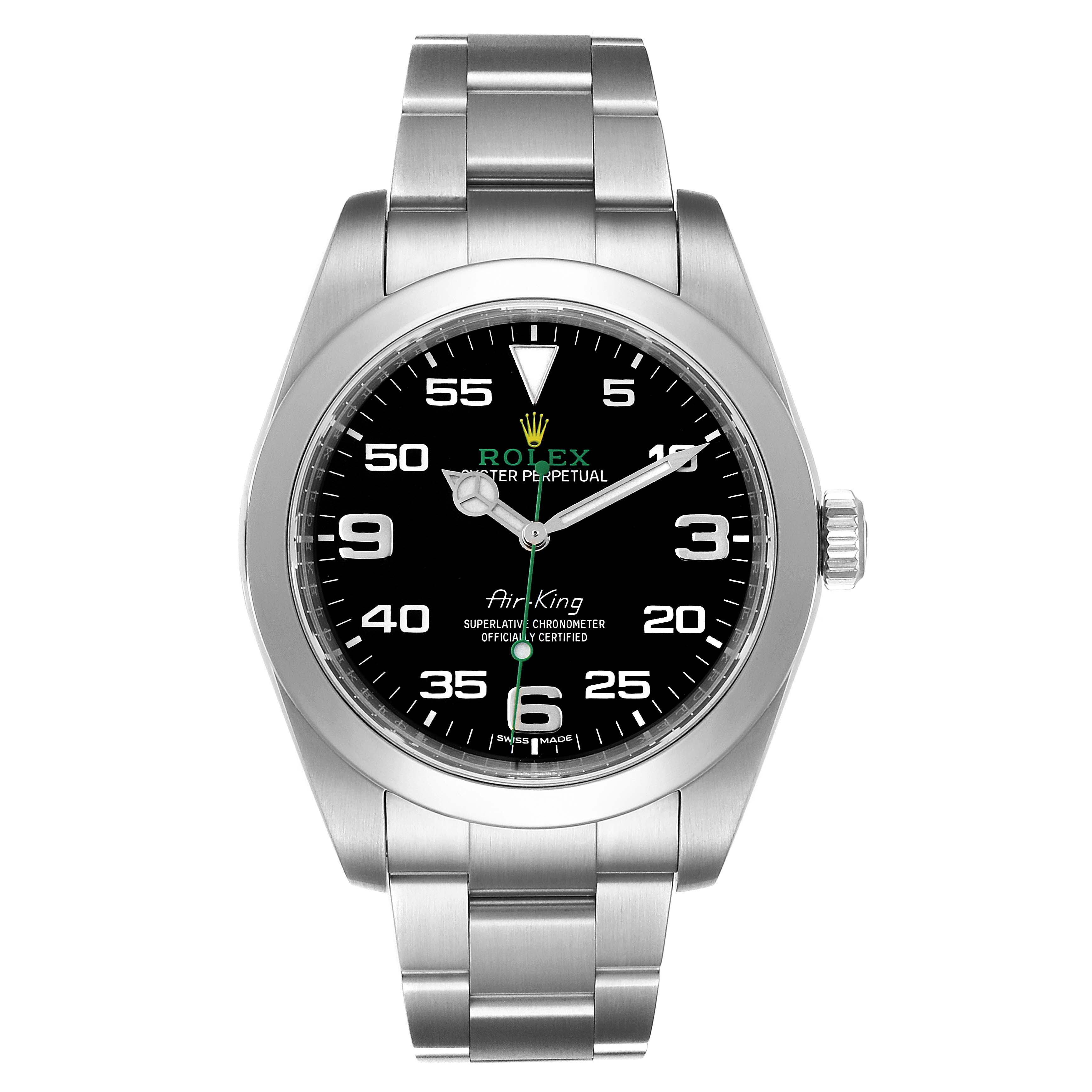 The image shows a front view of a Rolex Air-King 116900 Men's Stainless Steel Black Dial 116900 Men's Stainless Steel Black Dial watch displaying its face, bezel, crown, and bracelet.