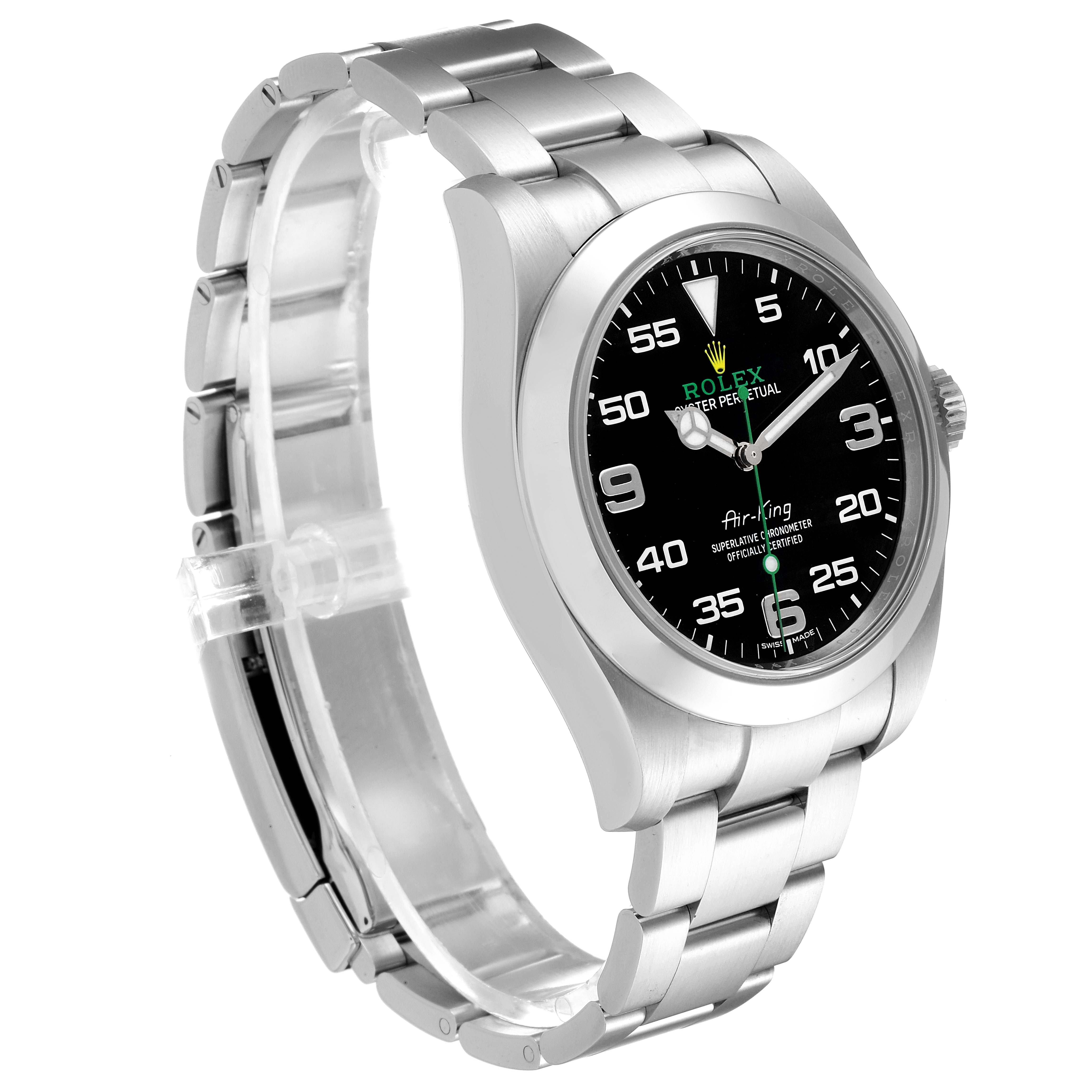 This image features a Rolex Air-King 116900 Men's Stainless Steel Black Dial 116900 Men's Stainless Steel Black Dial watch, showing its stainless steel bracelet, case, and black dial at a slightly angled side view.