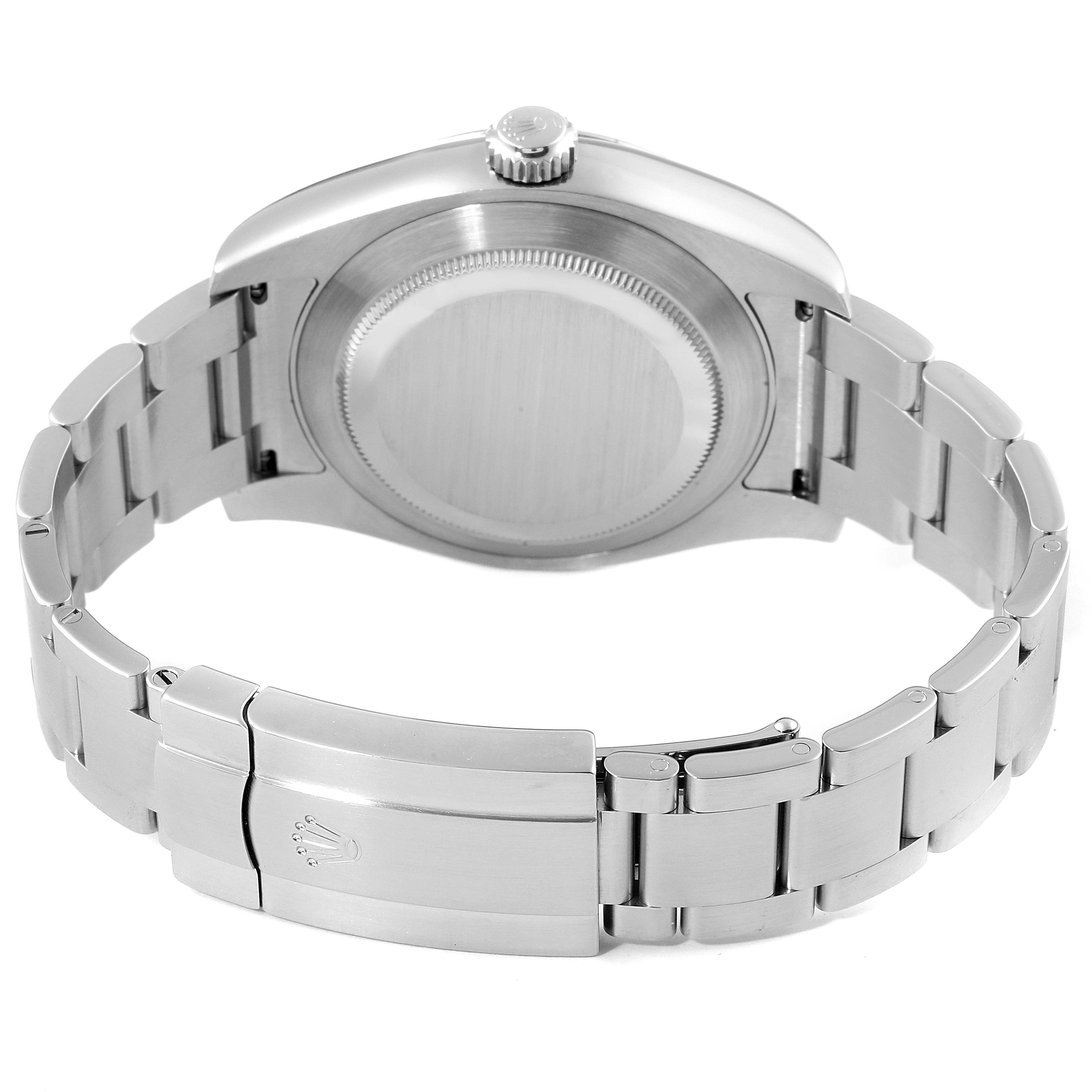 The image shows the back view and clasp of a Rolex Air-King 116900 Men's Stainless Steel Black Dial 116900 Men's Stainless Steel Black Dial watch with a stainless steel bracelet.