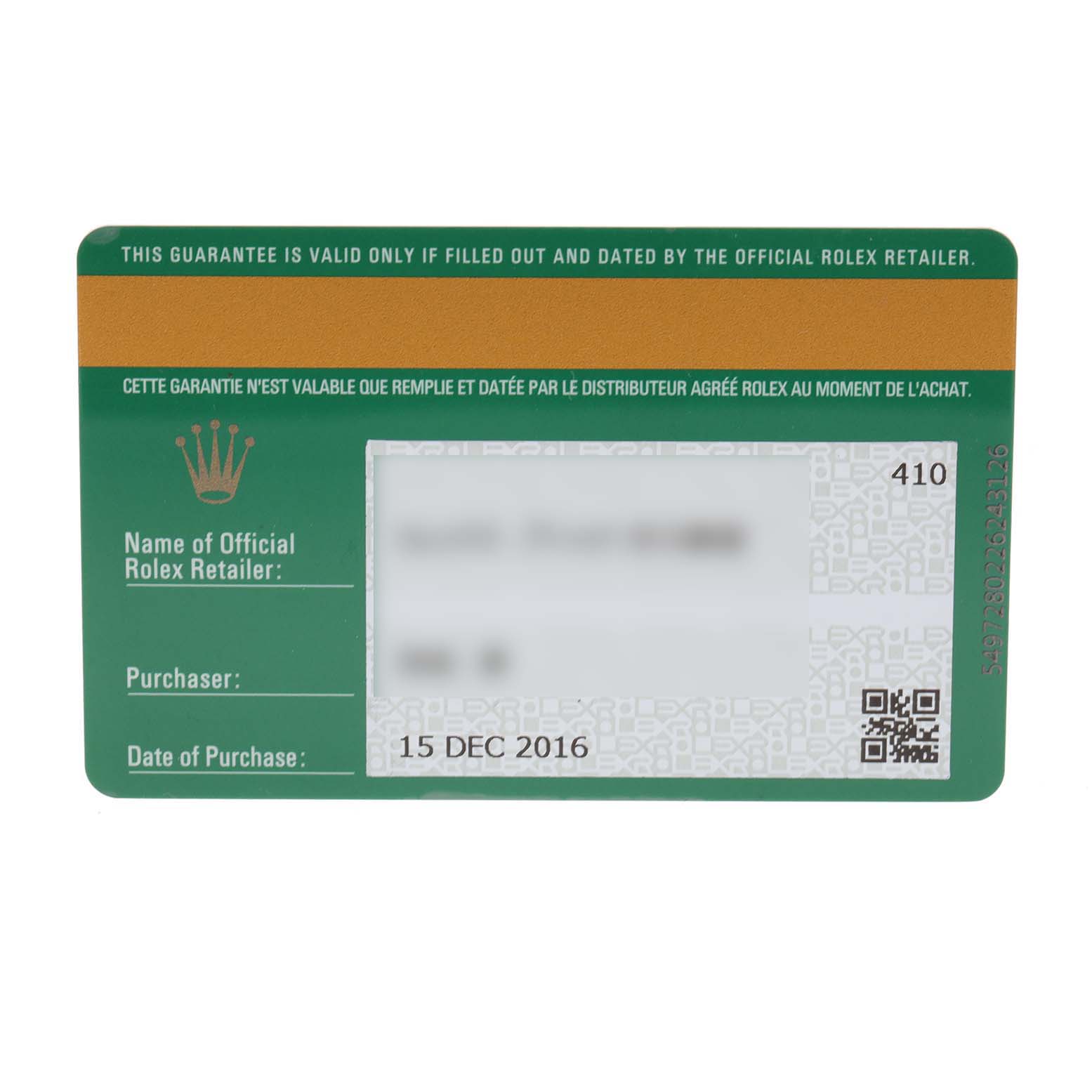 This image shows the warranty card for the Rolex Air-King 116900 Men's Stainless Steel Black Dial 116900 Men's Stainless Steel Black Dial watch, including details like the purchase date.