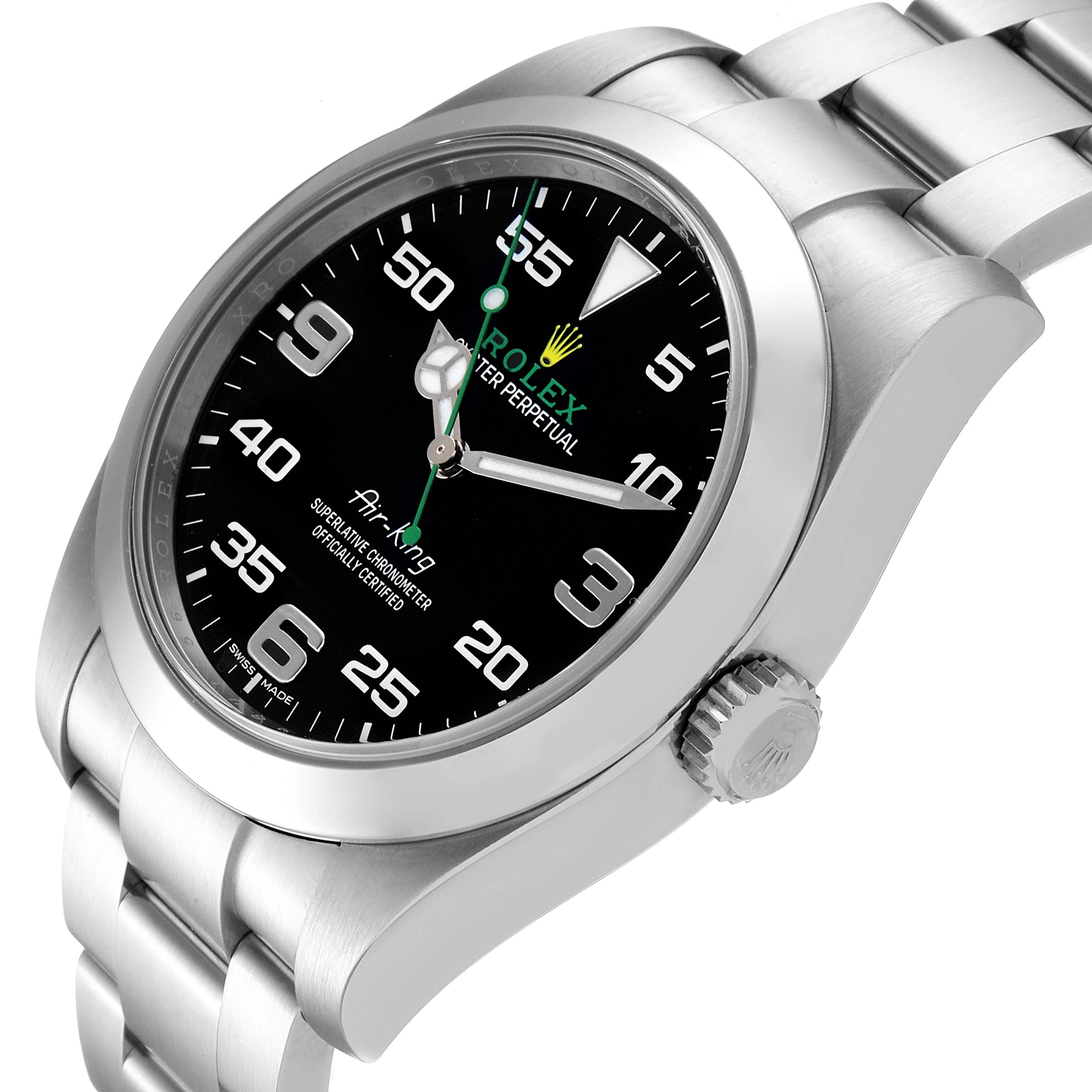 The image shows a side angle of the Rolex Air-King 116900 Men's Stainless Steel Black Dial 116900 Men's Stainless Steel Black Dial watch, highlighting its black dial, casing, crown, and part of the metal bracelet.
