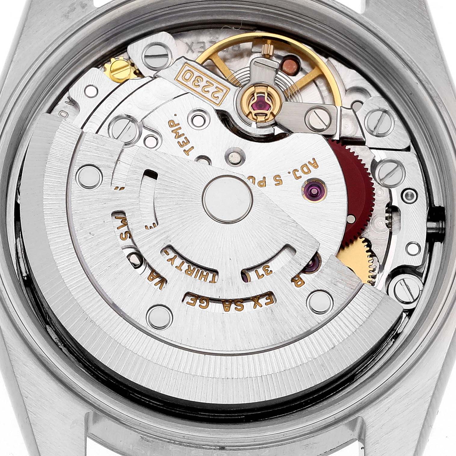 The image shows the interior mechanism and rotor of a Rolex Oyster Perpetual 76094 Women's Stainless Steel Pink Dial 76094 Women's Stainless Steel Pink Dial watch.