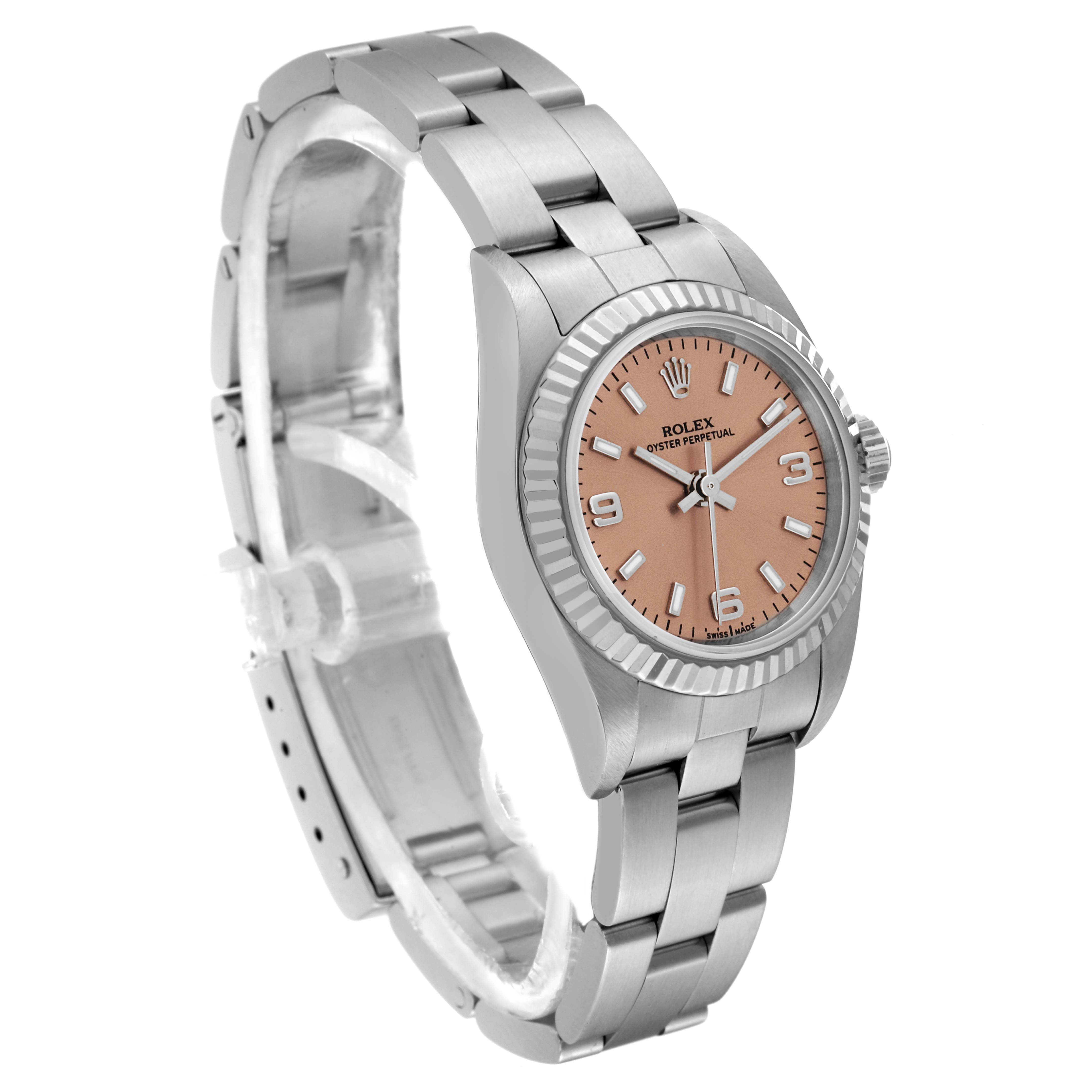 The image shows a side and front angle of a Rolex Oyster Perpetual 76094 Women's Stainless Steel Pink Dial 76094 Women's Stainless Steel Pink Dial watch, highlighting its bracelet, case, and face.