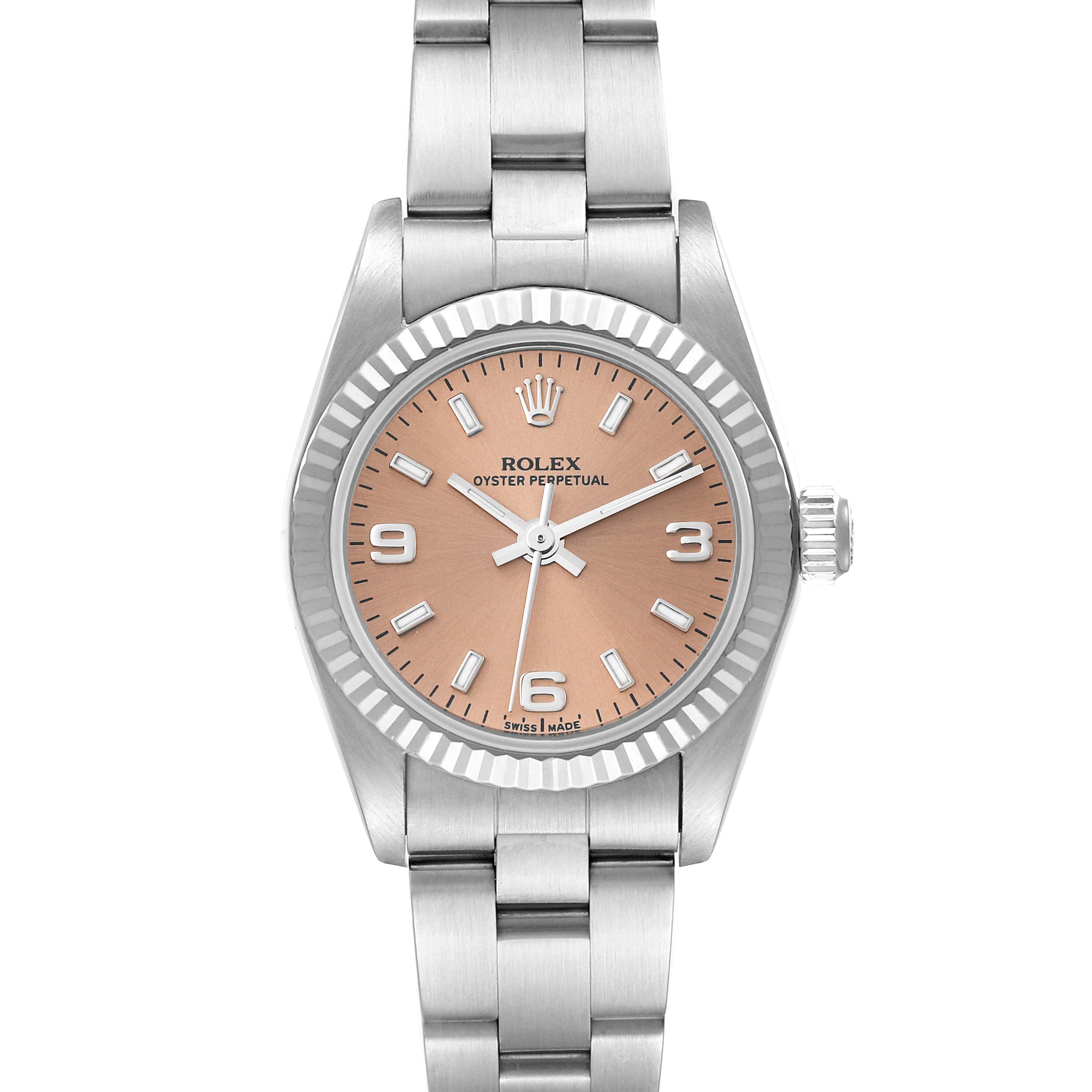 This is a front-facing view of the Rolex Oyster Perpetual 76094 Women's Stainless Steel Pink Dial 76094 Women's Stainless Steel Pink Dial watch displaying its bracelet, case, dial, and crown.