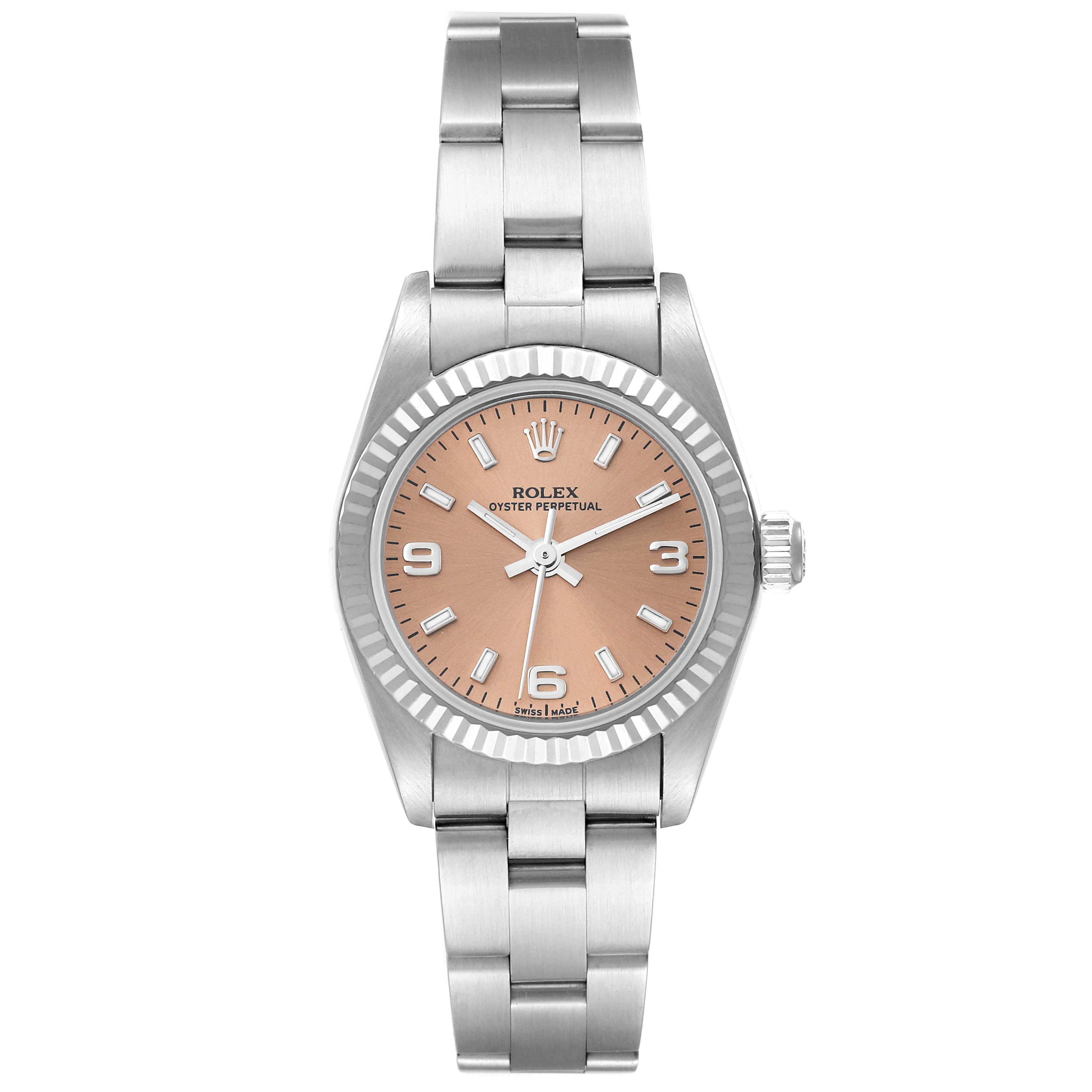 This image shows a front view of the Rolex Oyster Perpetual 76094 Women's Stainless Steel Pink Dial 76094 Women's Stainless Steel Pink Dial watch, displaying its dial, bezel, and bracelet.