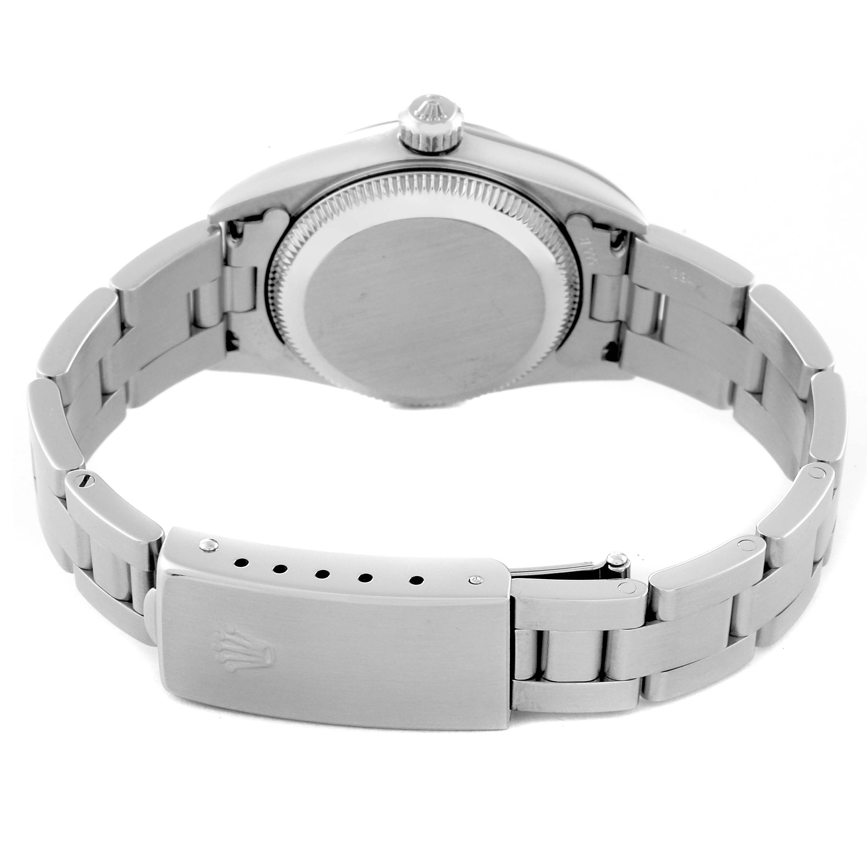 The image shows the back view of a Rolex Oyster Perpetual 76094 Women's Stainless Steel Pink Dial 76094 Women's Stainless Steel Pink Dial watch, focusing on the case back and the stainless steel bracelet with a clasp.