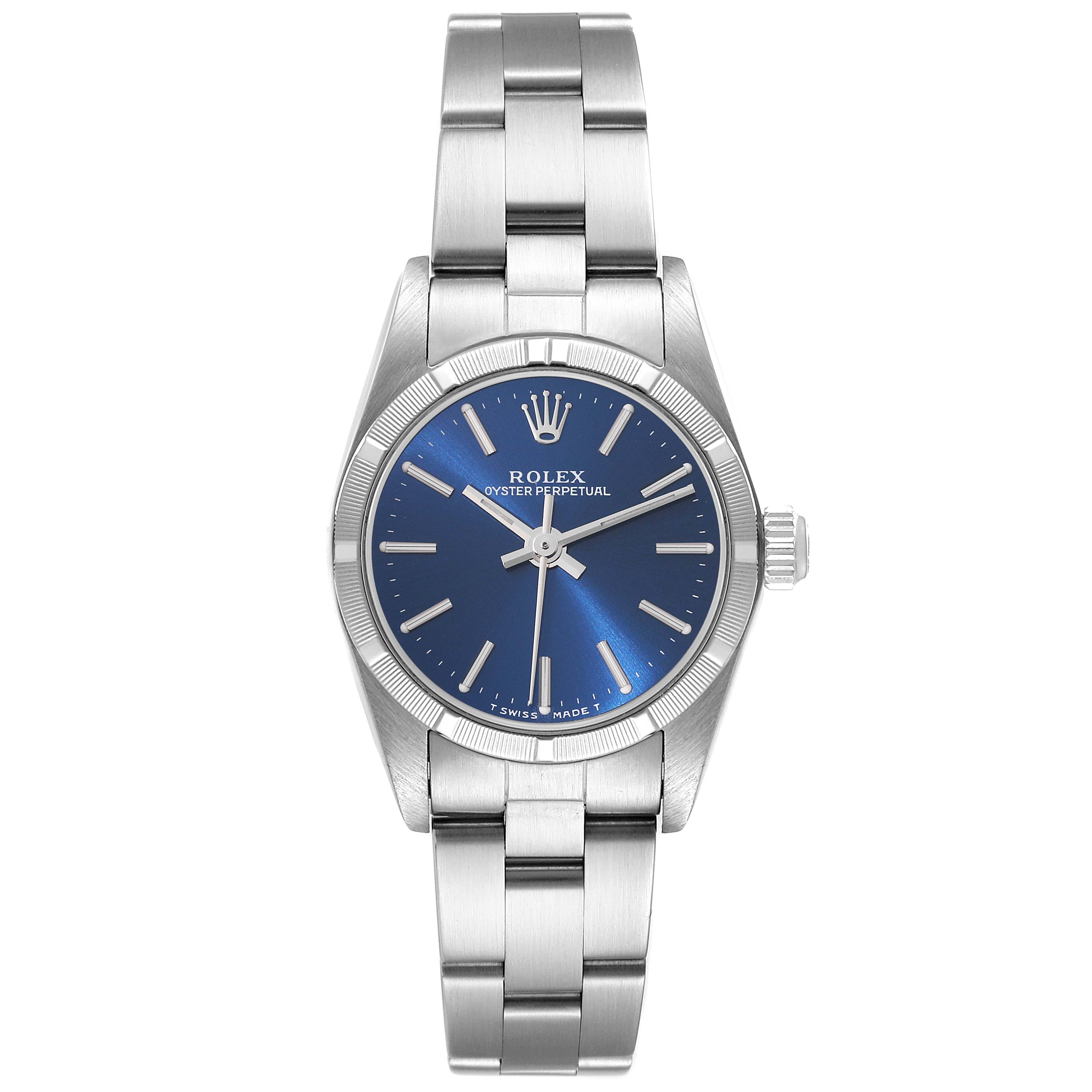 This is the Rolex Oyster Perpetual 76030 Women's Stainless Steel Blue Dial 76030 Women's Stainless Steel Blue Dial model shown from a front angle, featuring the bracelet, bezel, crown, and blue dial.