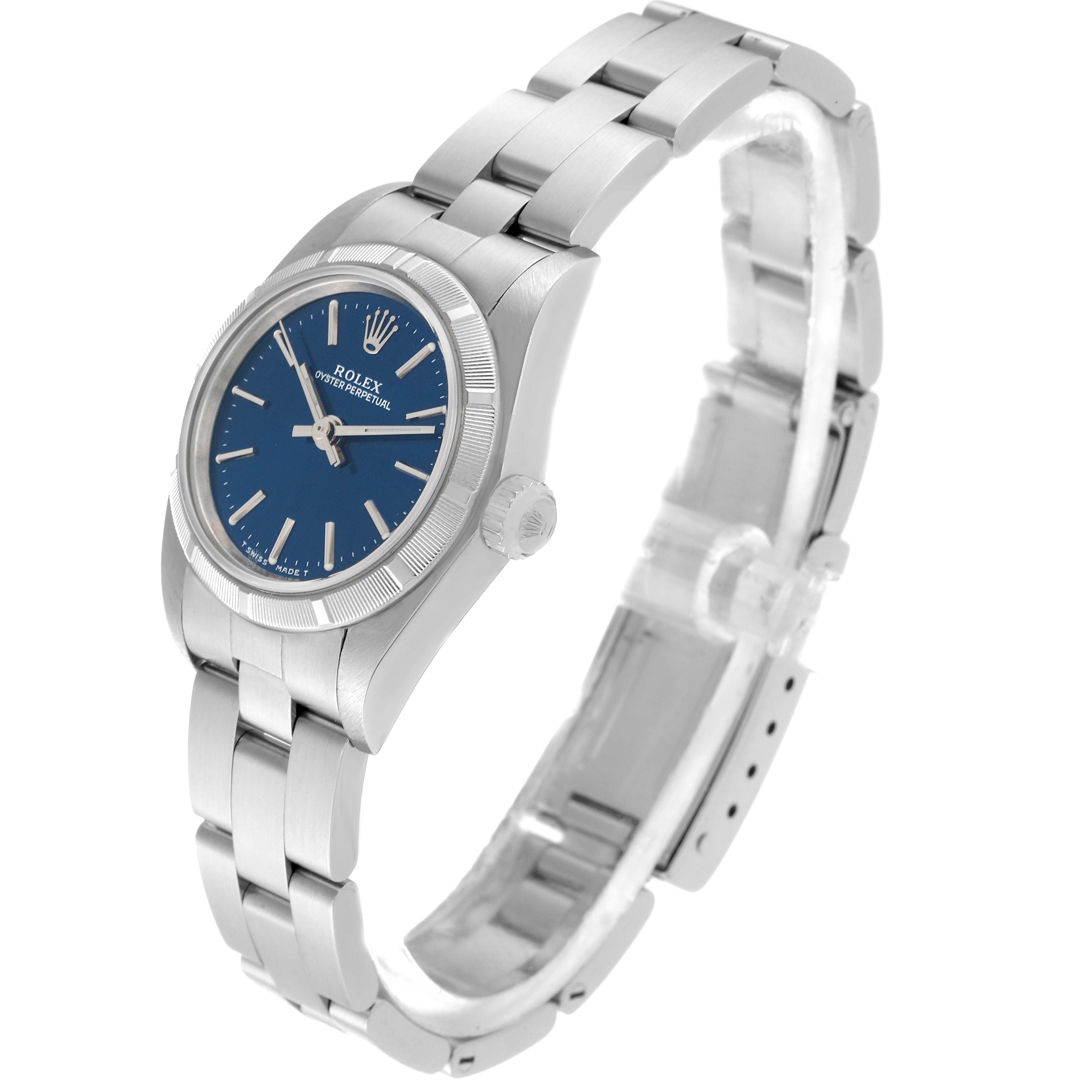 The image shows a side-angle view of a Rolex Oyster Perpetual 76030 Women's Stainless Steel Blue Dial 76030 Women's Stainless Steel Blue Dial watch, highlighting its blue dial and metal bracelet.