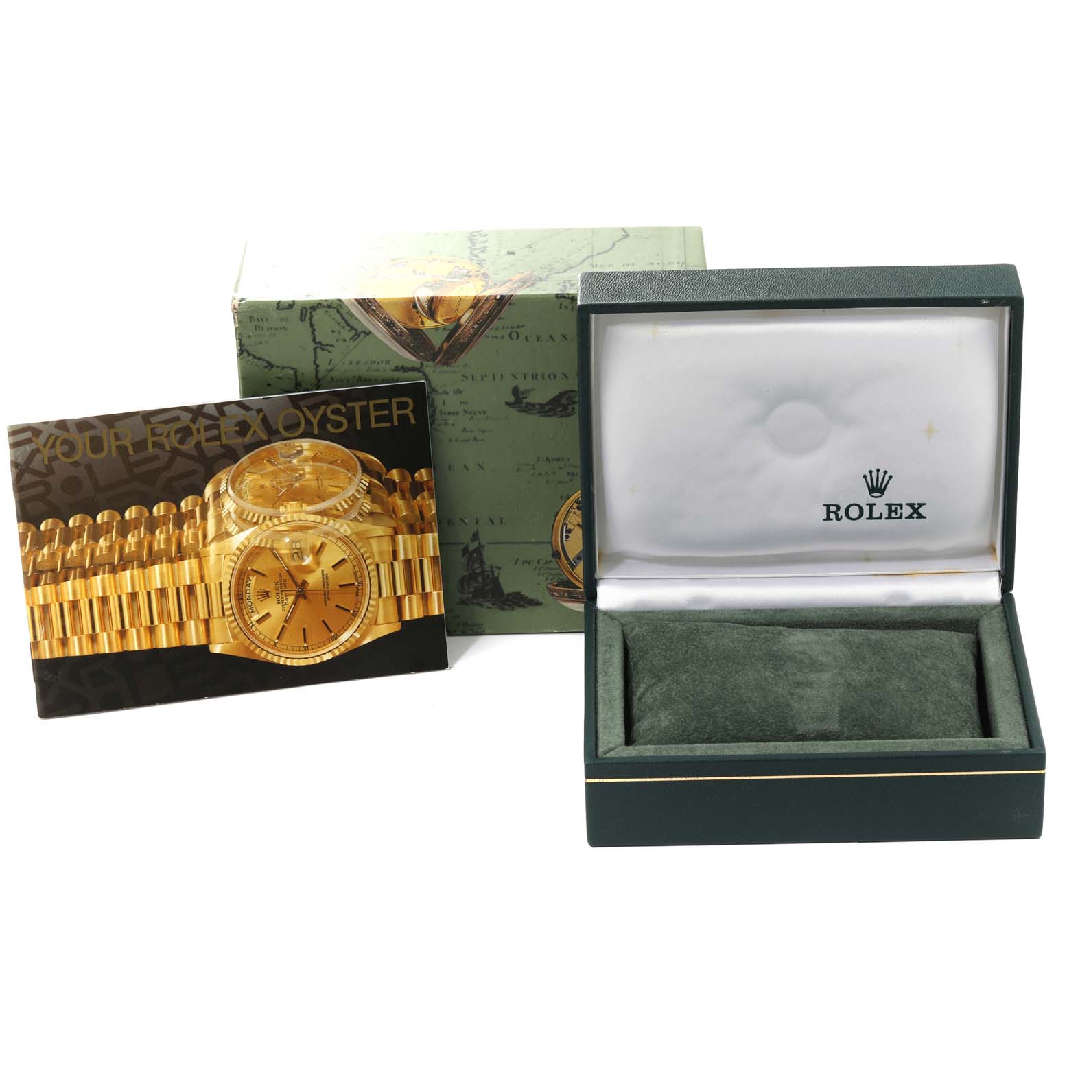 This image shows the packaging box, manual, and open display box for a Rolex Oyster Perpetual 76030 Women's Stainless Steel Blue Dial 76030 Women's Stainless Steel Blue Dial watch.