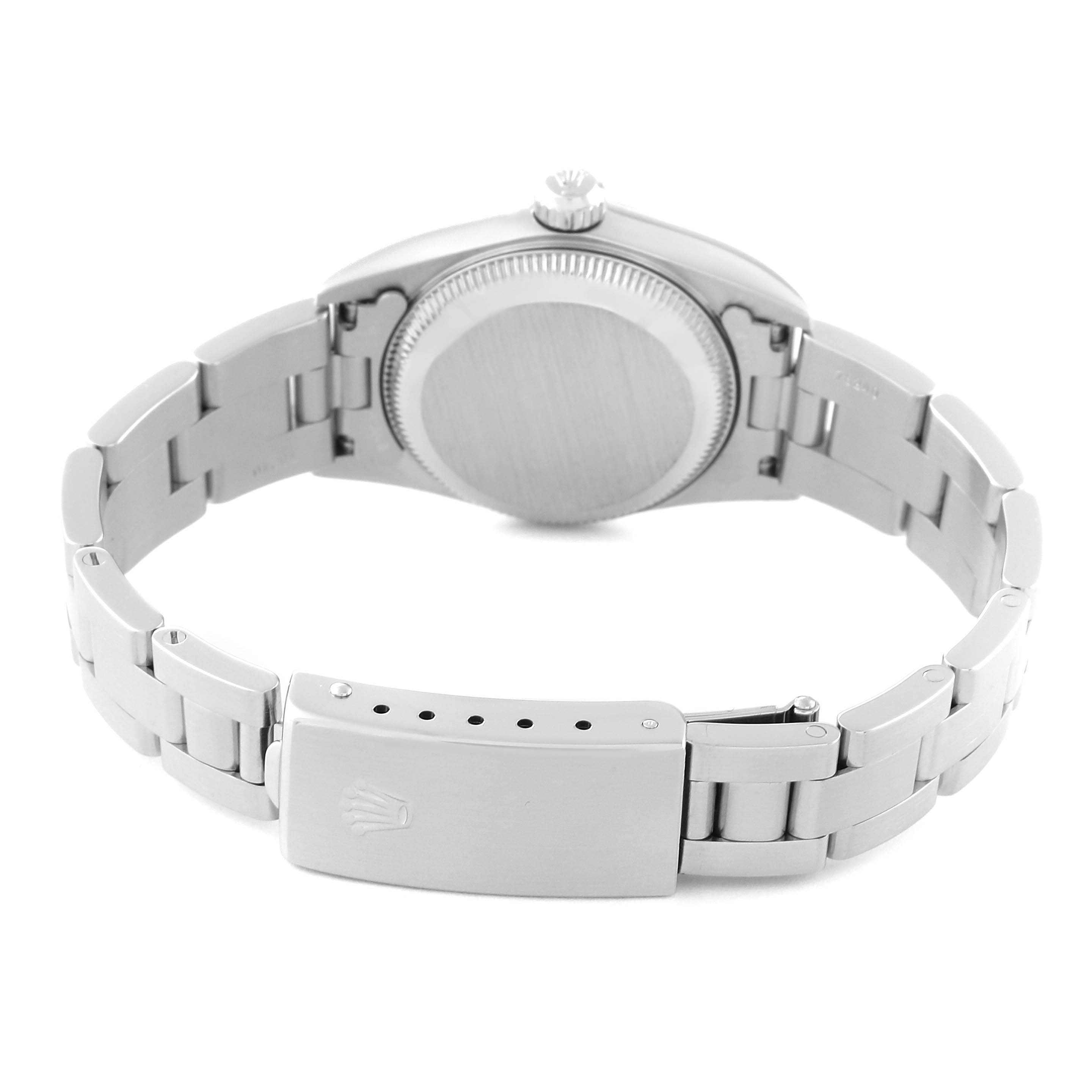 The image shows the back view of a Rolex Oyster Perpetual 76030 Women's Stainless Steel Blue Dial 76030 Women's Stainless Steel Blue Dial watch, including the case back, bracelet, and clasp.