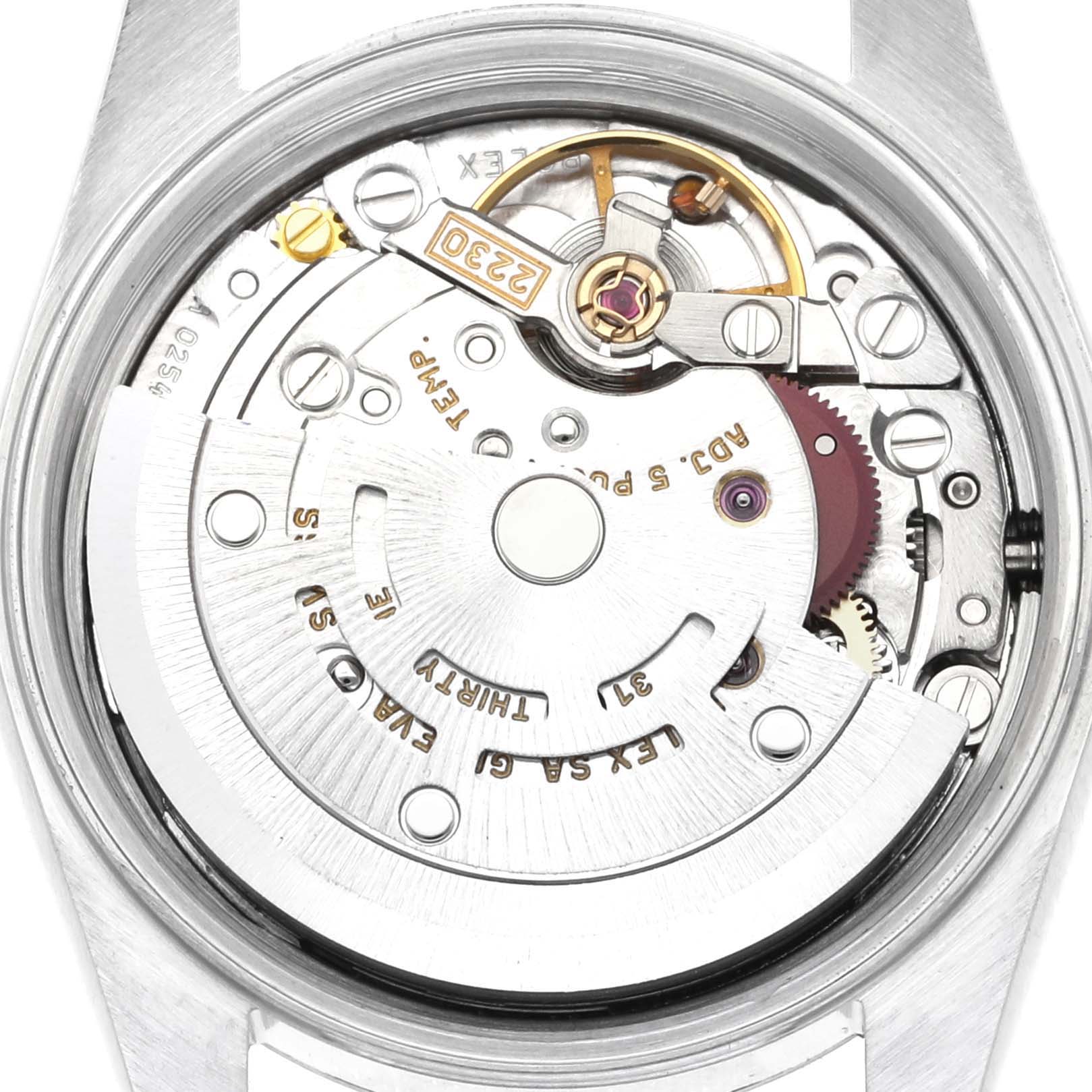 This is the back view of the Rolex Oyster Perpetual 76030 Women's Stainless Steel Blue Dial 76030 Women's Stainless Steel Blue Dial watch showing its intricate internal mechanical movement and parts.