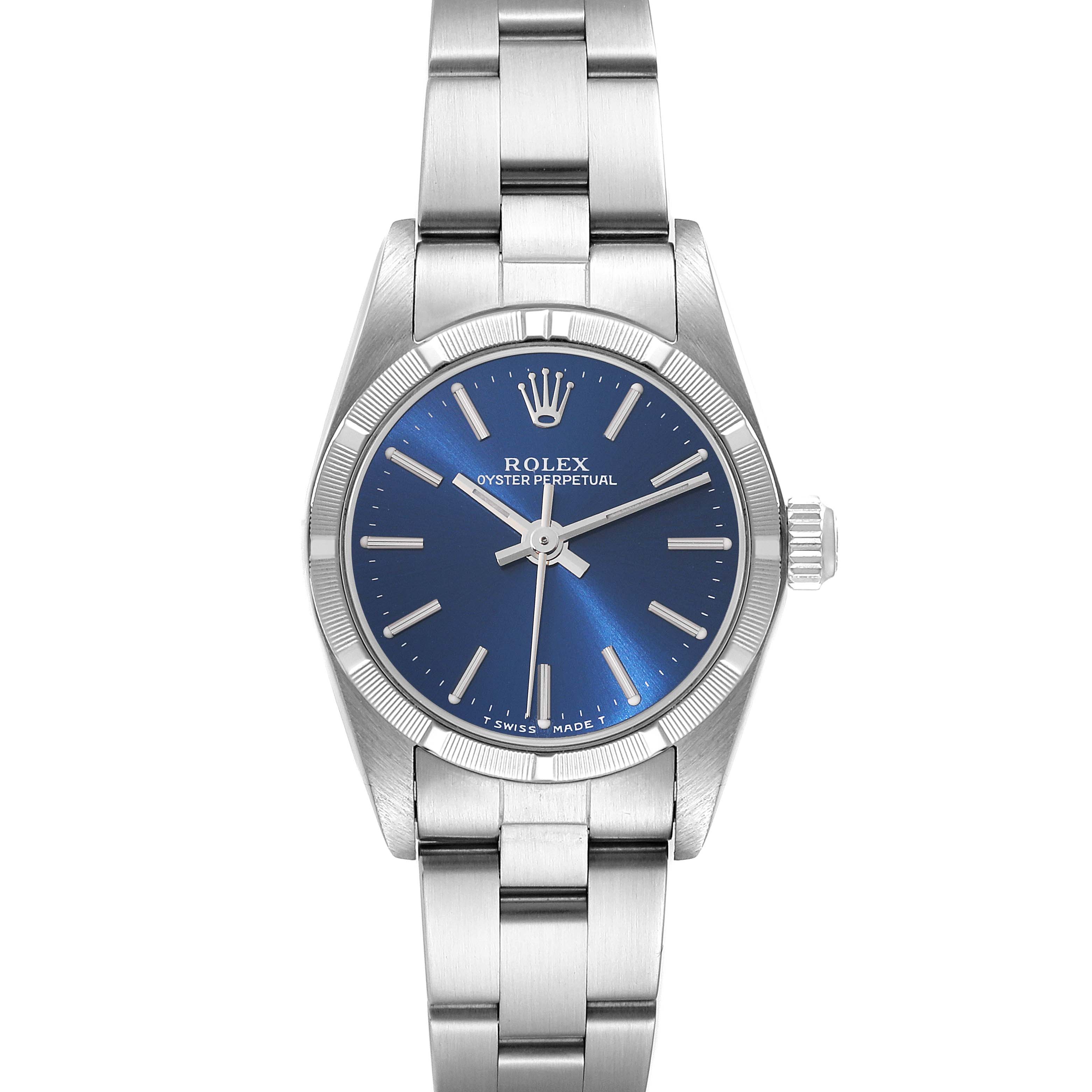 This image shows a front view of a Rolex Oyster Perpetual 76030 Women's Stainless Steel Blue Dial 76030 Women's Stainless Steel Blue Dial watch, highlighting its blue dial, bezel, and stainless steel bracelet.