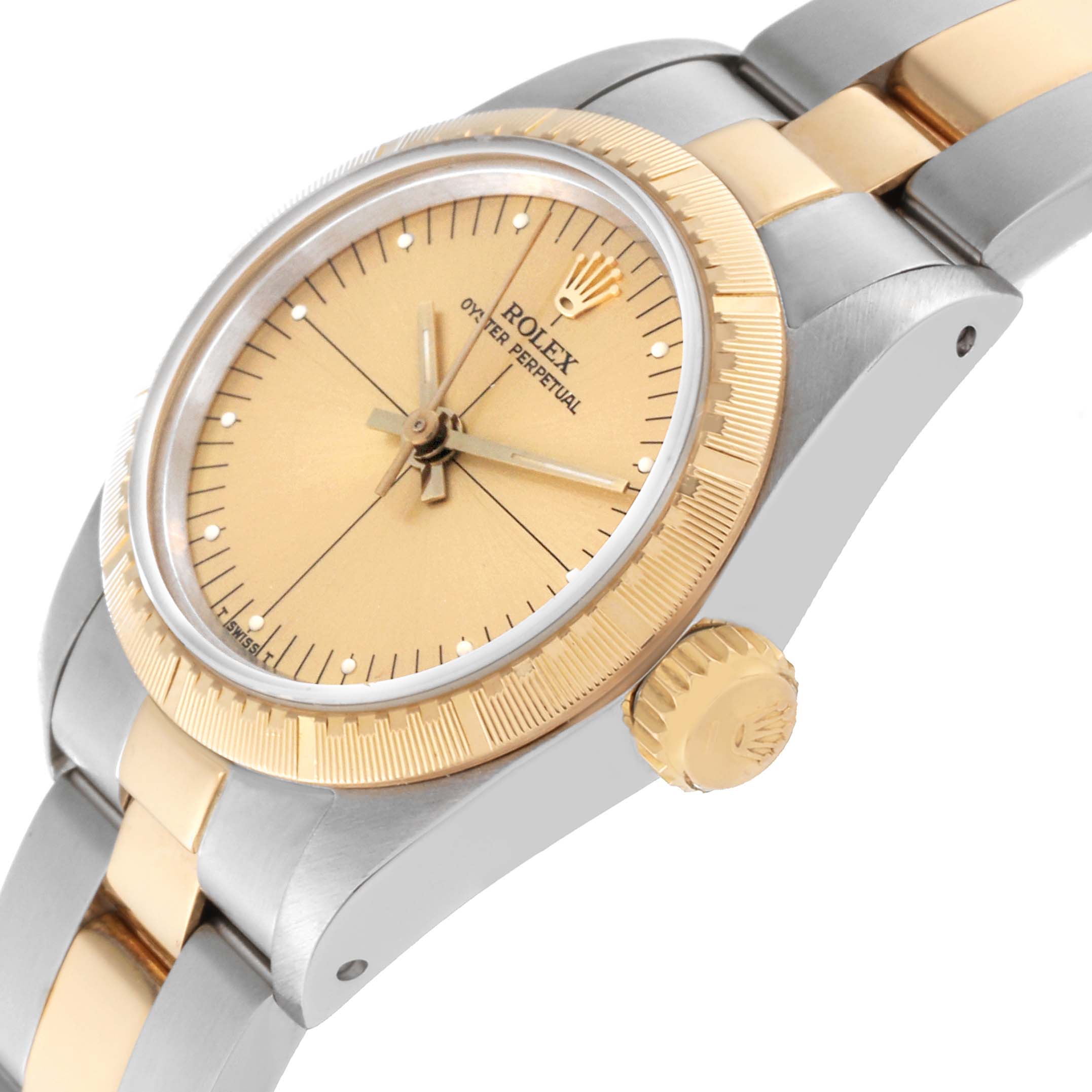 This image shows a side angle of a Rolex Oyster Perpetual 67243 Women's Steel and Gold (two tone) Champagne Dial 67243 Women's Steel and Gold (two tone) Champagne Dial watch, highlighting its bezel, dial, crown, and bracelet.