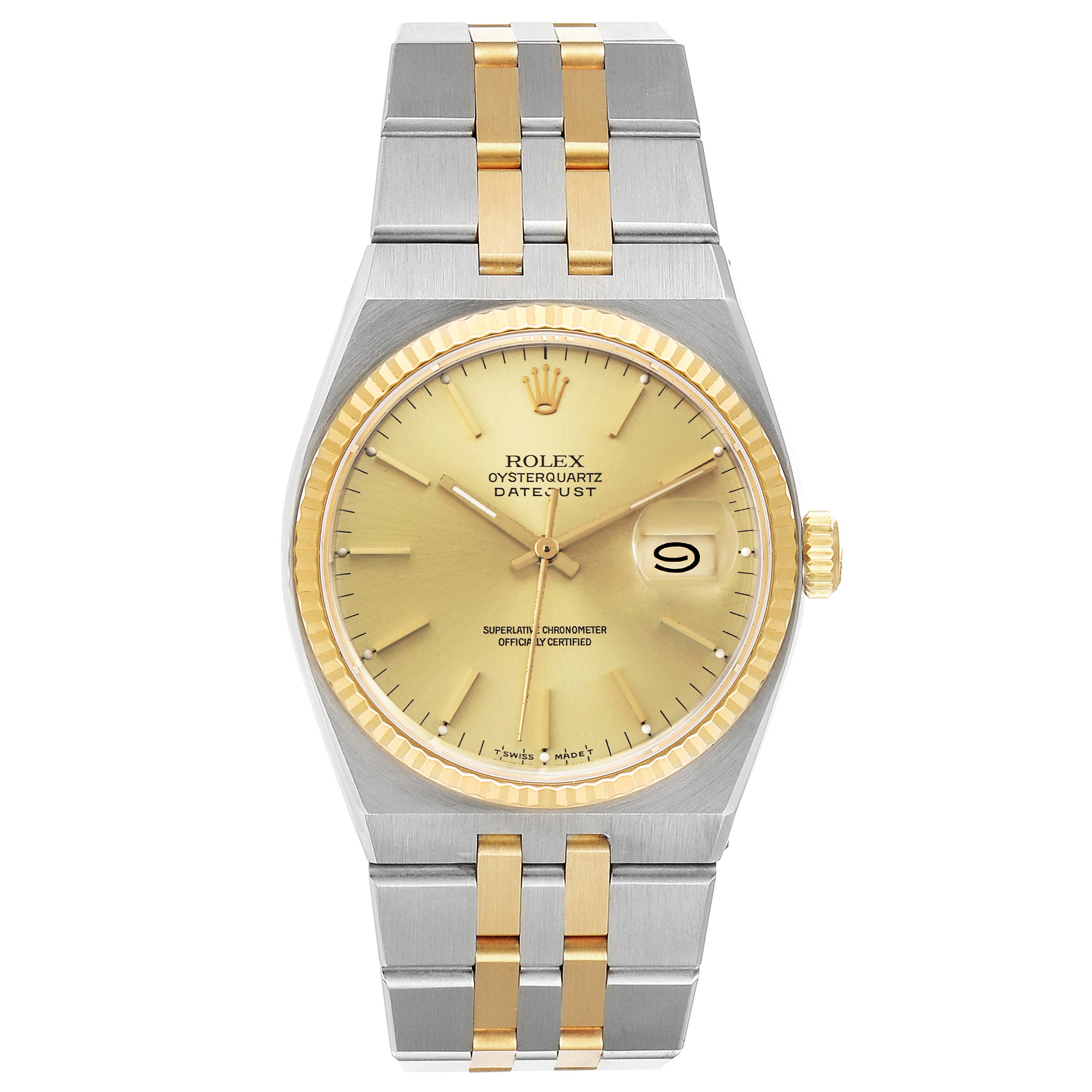 The image shows a front view of a Rolex Oysterquartz 17013 Men's Steel and Gold (two tone) Champagne Dial 17013 Men's Steel and Gold (two tone) Champagne Dial watch, featuring a gold dial, gold fluted bezel, and two-tone bracelet.