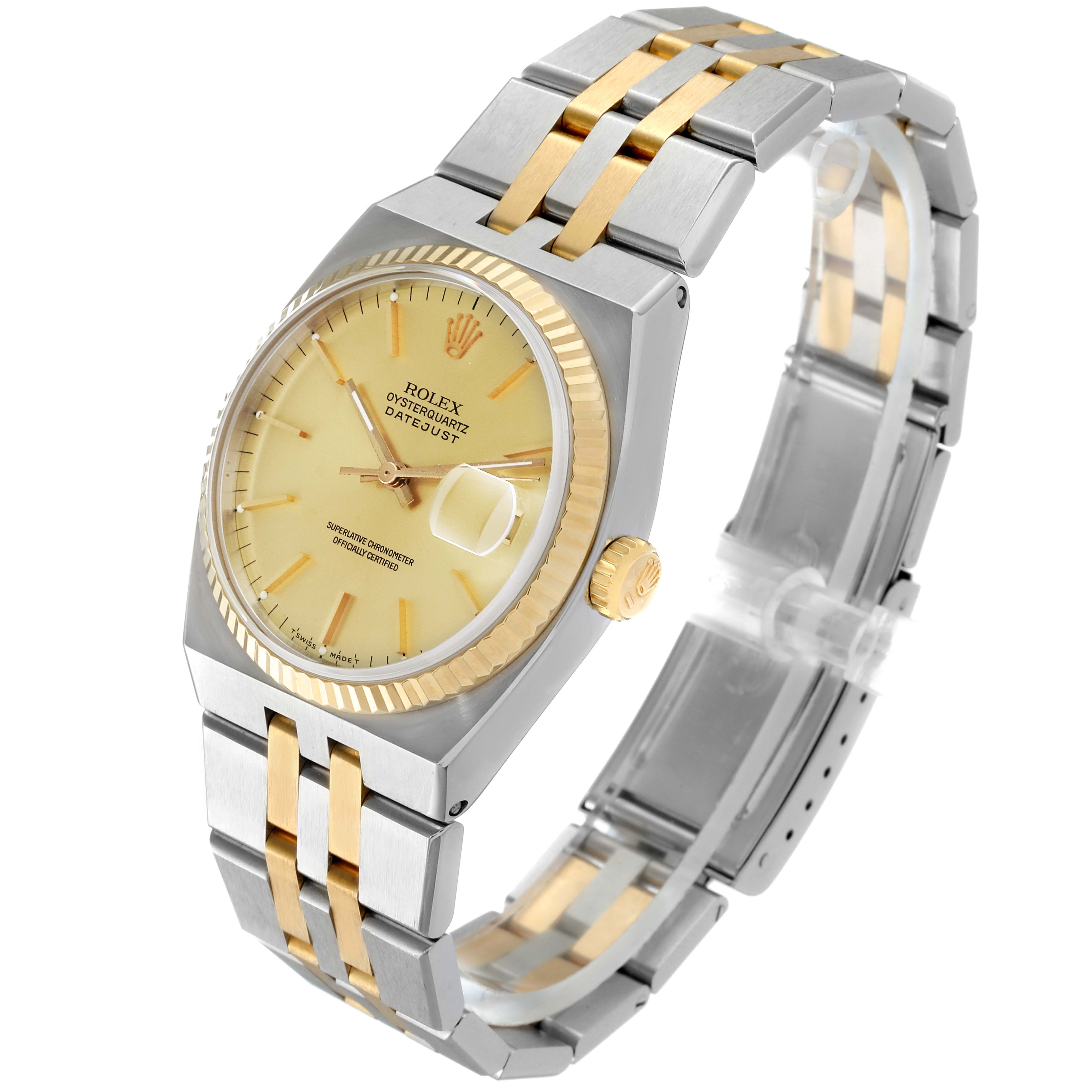 This Rolex Oysterquartz 17013 Men's Steel and Gold (two tone) Champagne Dial 17013 Men's Steel and Gold (two tone) Champagne Dial watch is shown from a front-side angle, highlighting the dial, bezel, bracelet, and crown.