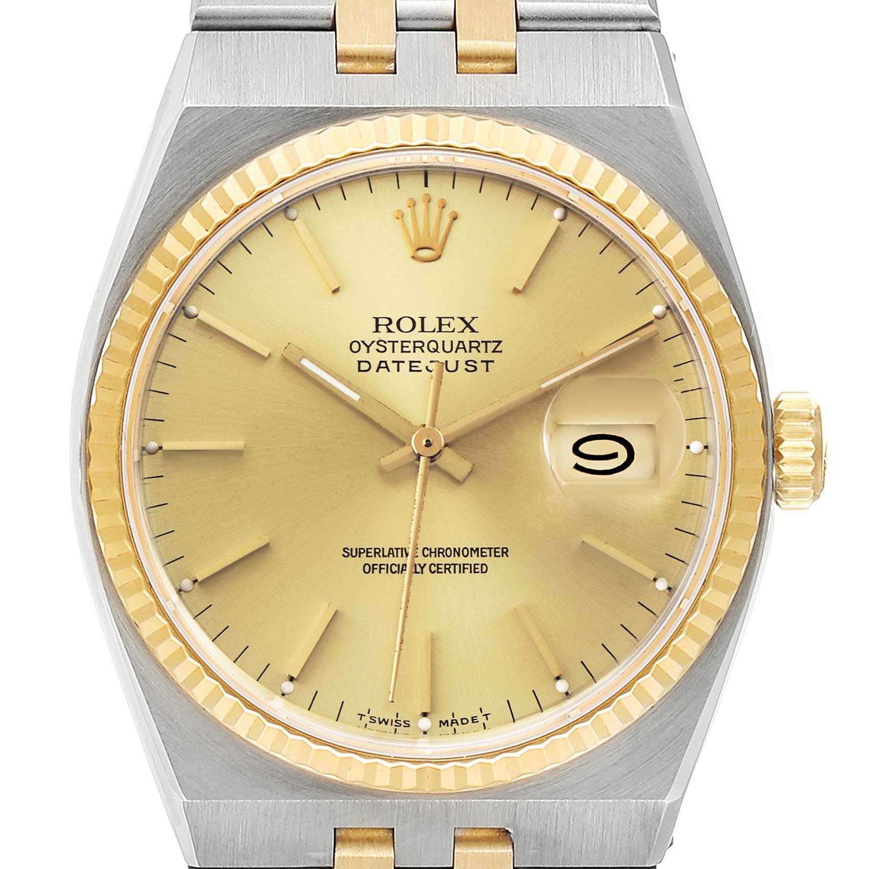 The image shows a front view of the Rolex Oysterquartz 17013 Men's Steel and Gold (two tone) Champagne Dial 17013 Men's Steel and Gold (two tone) Champagne Dial Datejust, displaying the dial, hands, crown, and part of the bracelet.