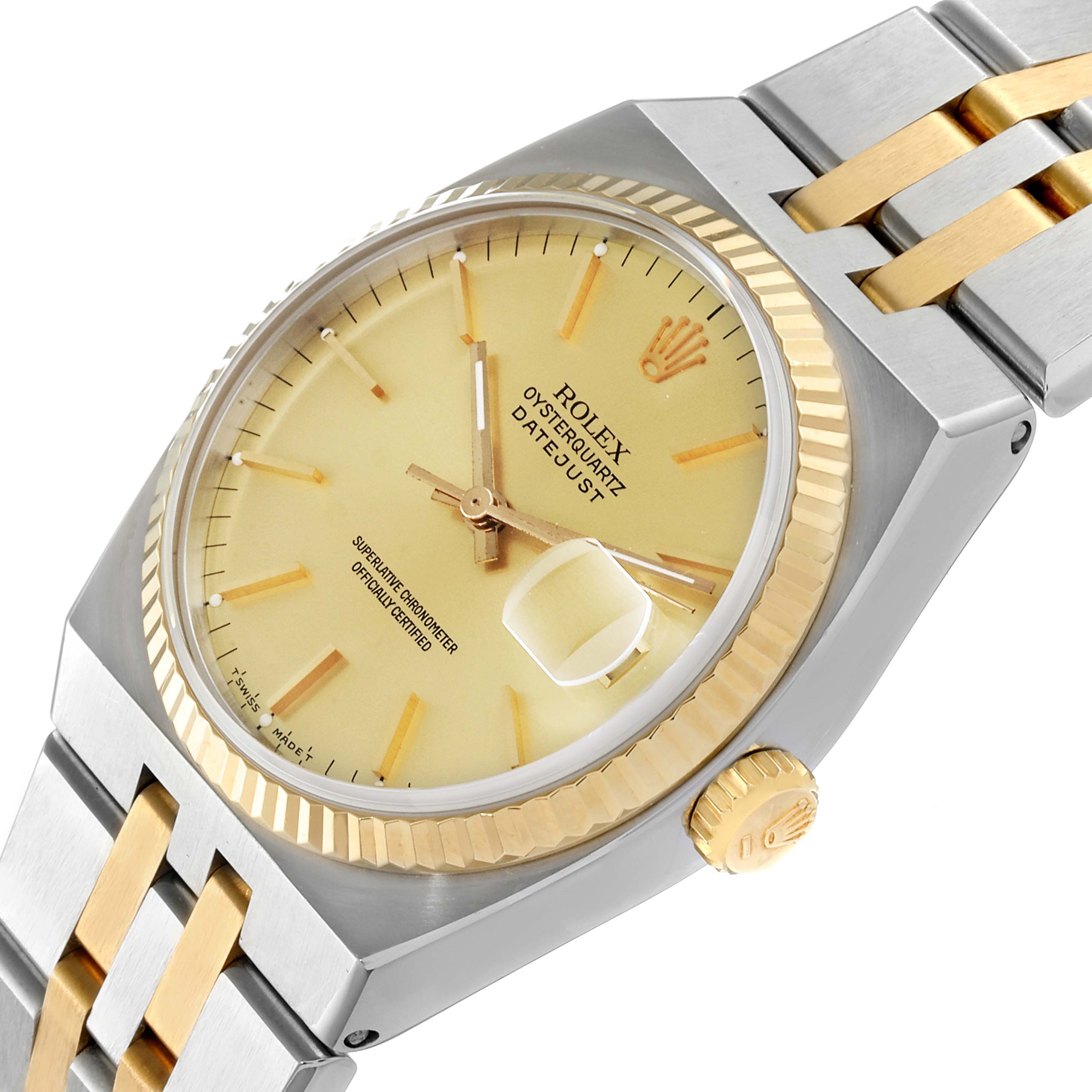 The Rolex Oysterquartz 17013 Men's Steel and Gold (two tone) Champagne Dial 17013 Men's Steel and Gold (two tone) Champagne Dial watch is shown at a slight angle featuring the dial, bezel, crown, and a portion of the bracelet.