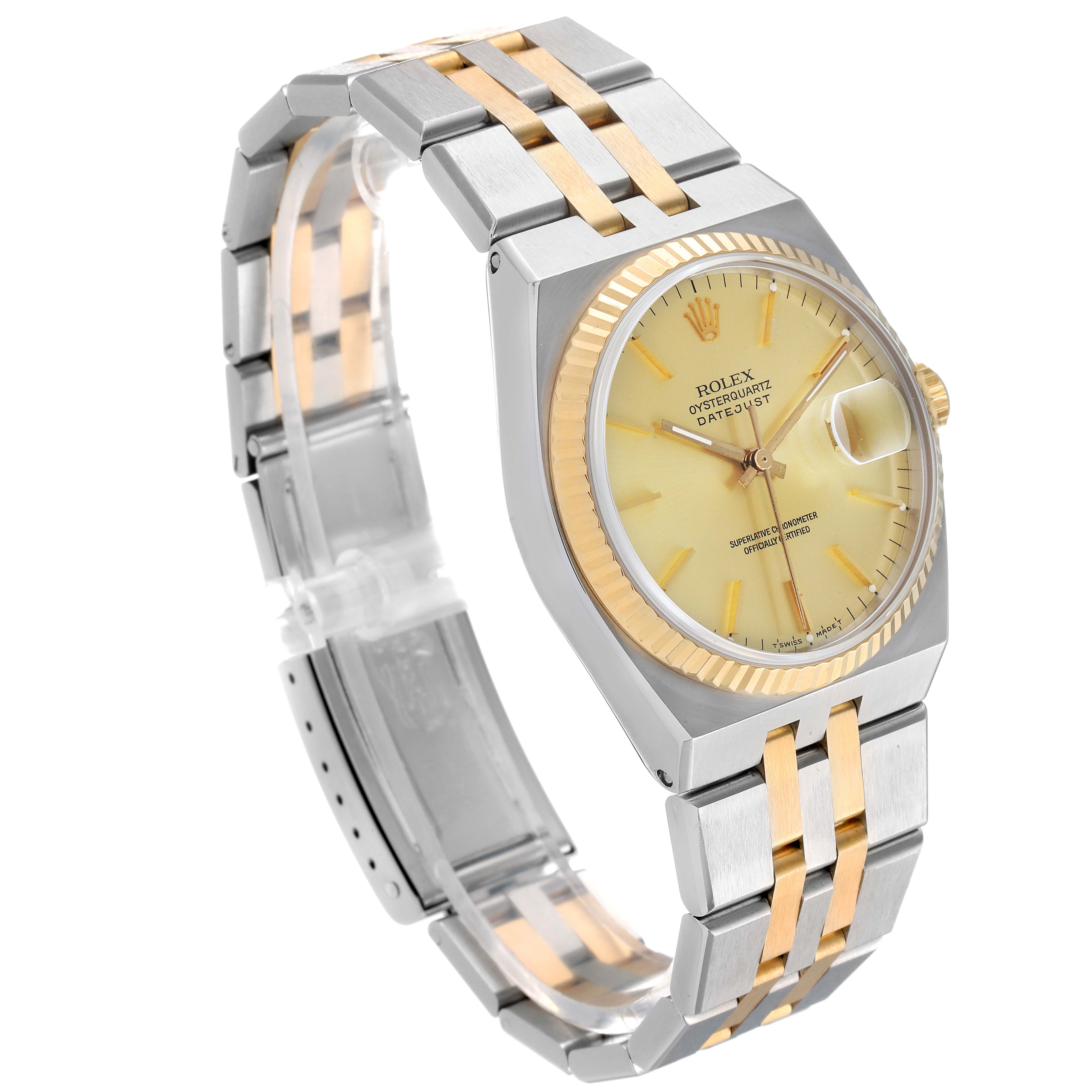 The Rolex Oysterquartz 17013 Men's Steel and Gold (two tone) Champagne Dial 17013 Men's Steel and Gold (two tone) Champagne Dial watch is shown at an angled side view, highlighting its bracelet, bezel, dial, and crown.
