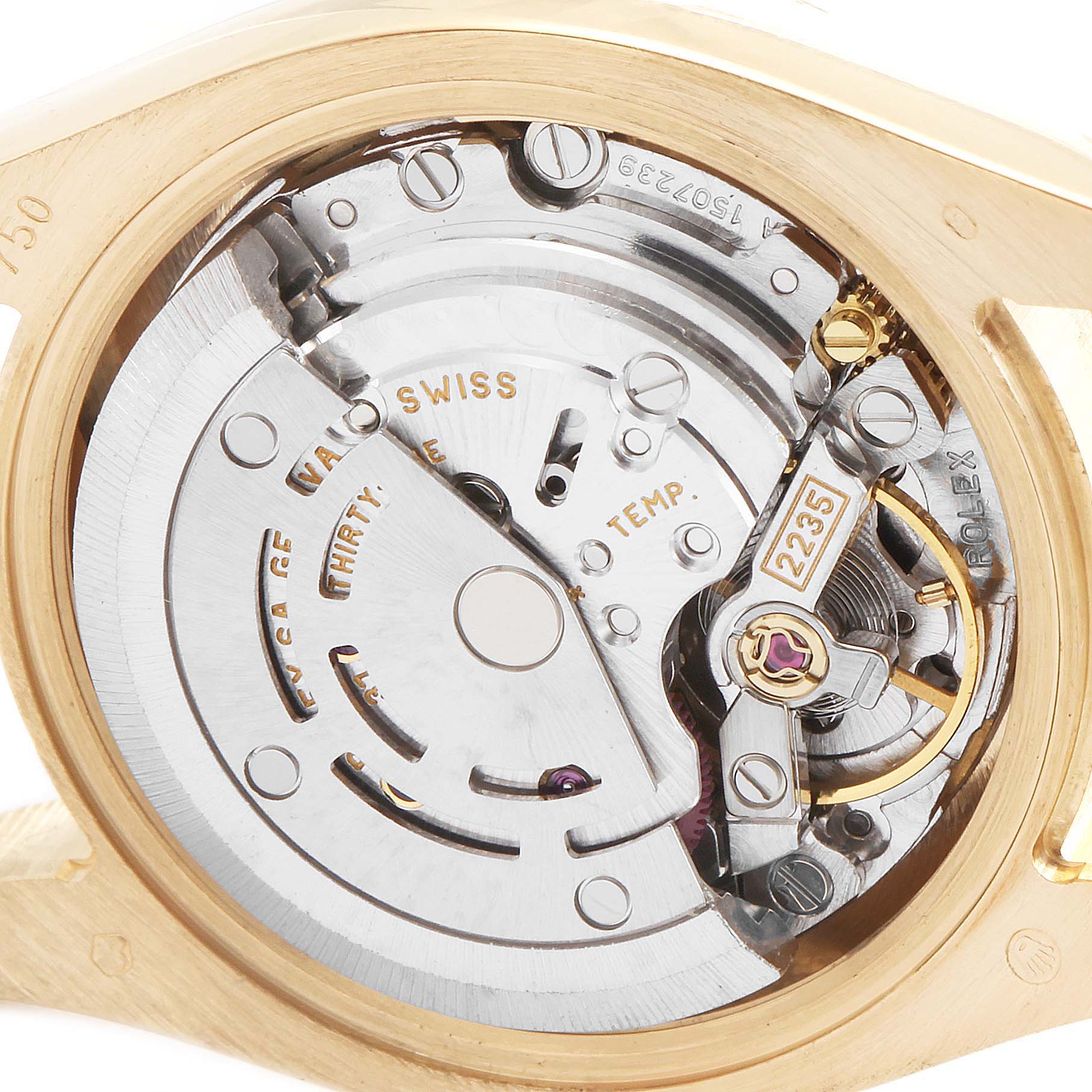 This image shows the intricate inner mechanism and movement of the Rolex President 179178 Women
s Yellow Gold Champagne Dial 179178 Women
s Yellow Gold Champagne Dial model watch viewed from the back case.