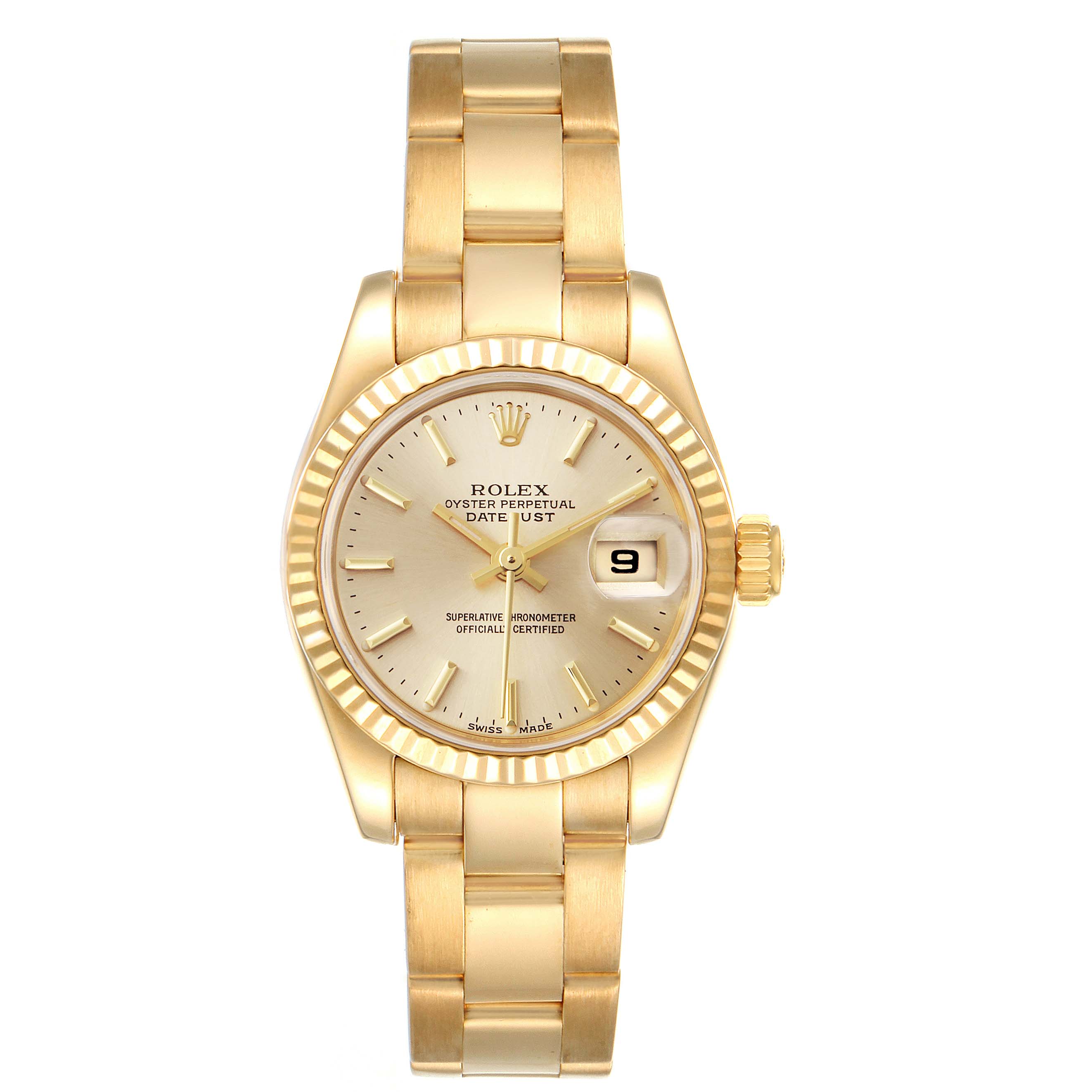 The image displays a front view of the Rolex President 179178 Women
s Yellow Gold Champagne Dial 179178 Women
s Yellow Gold Champagne Dial model watch, showcasing its bracelet, dial, and date window.