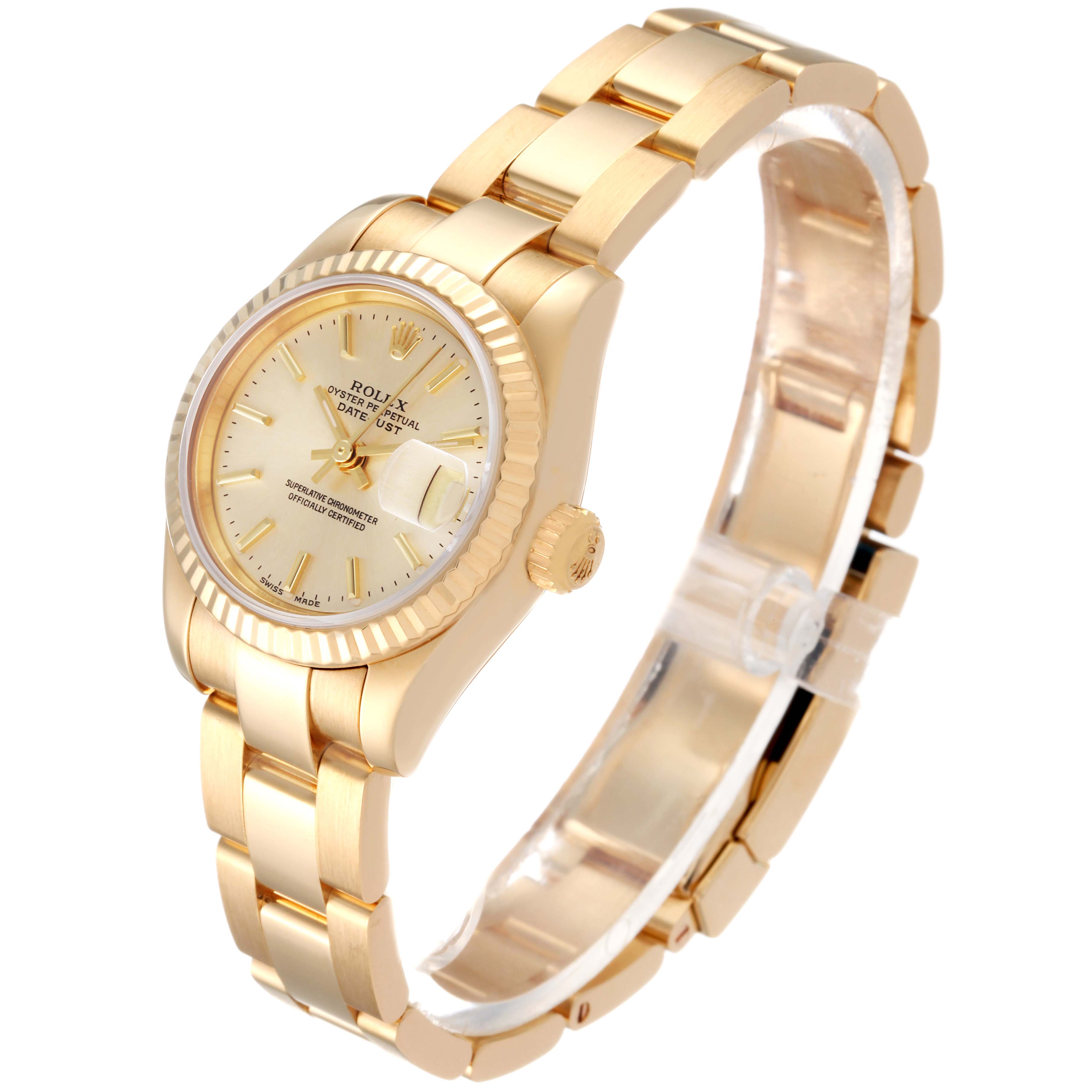 The image shows a side angle of a Rolex President 179178 Women
s Yellow Gold Champagne Dial 179178 Women
s Yellow Gold Champagne Dial model watch, highlighting the band, case, dial, and crown.