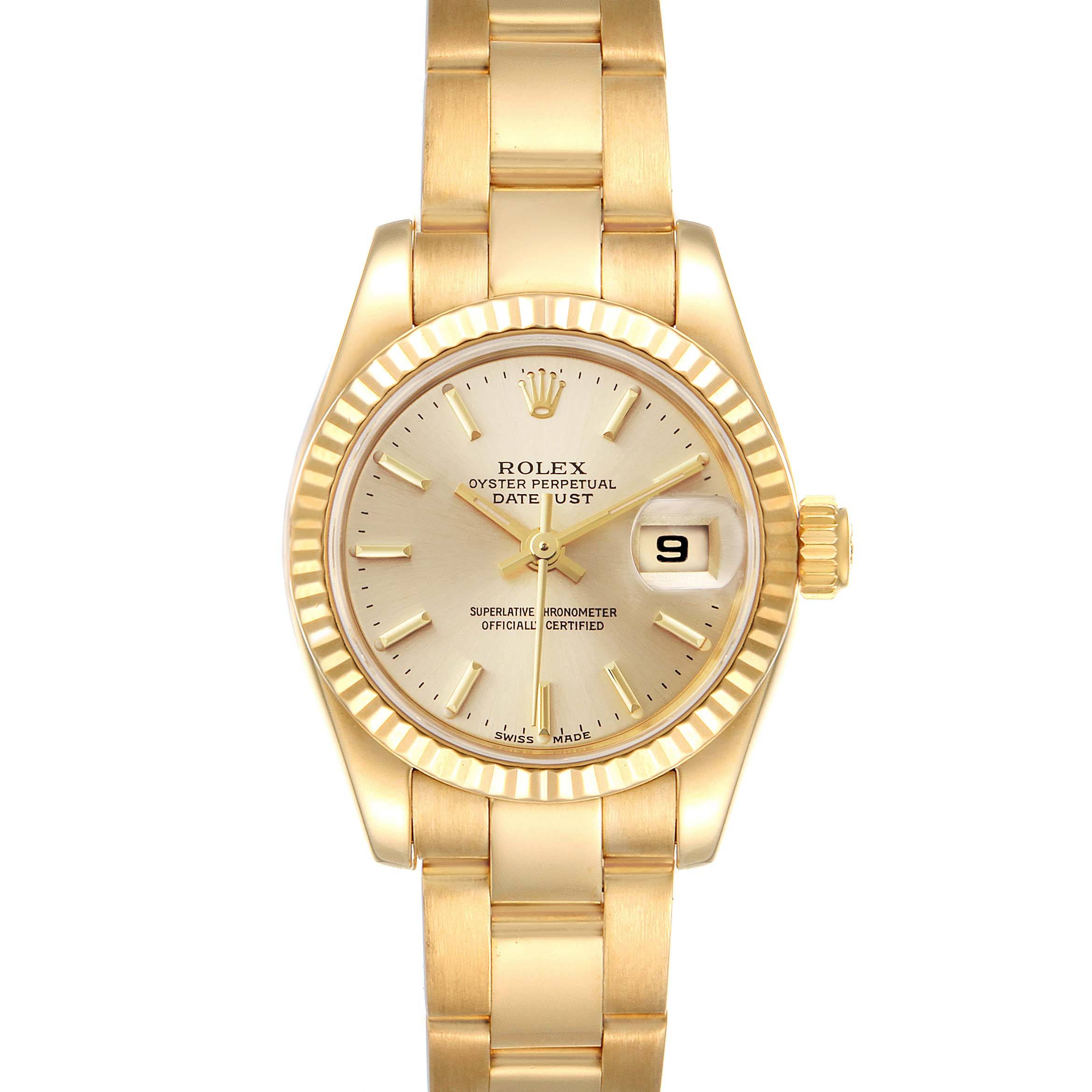 This image shows the front view of a Rolex President 179178 Women
s Yellow Gold Champagne Dial 179178 Women
s Yellow Gold Champagne Dial model watch, displaying the dial, bezel, and part of the bracelet.