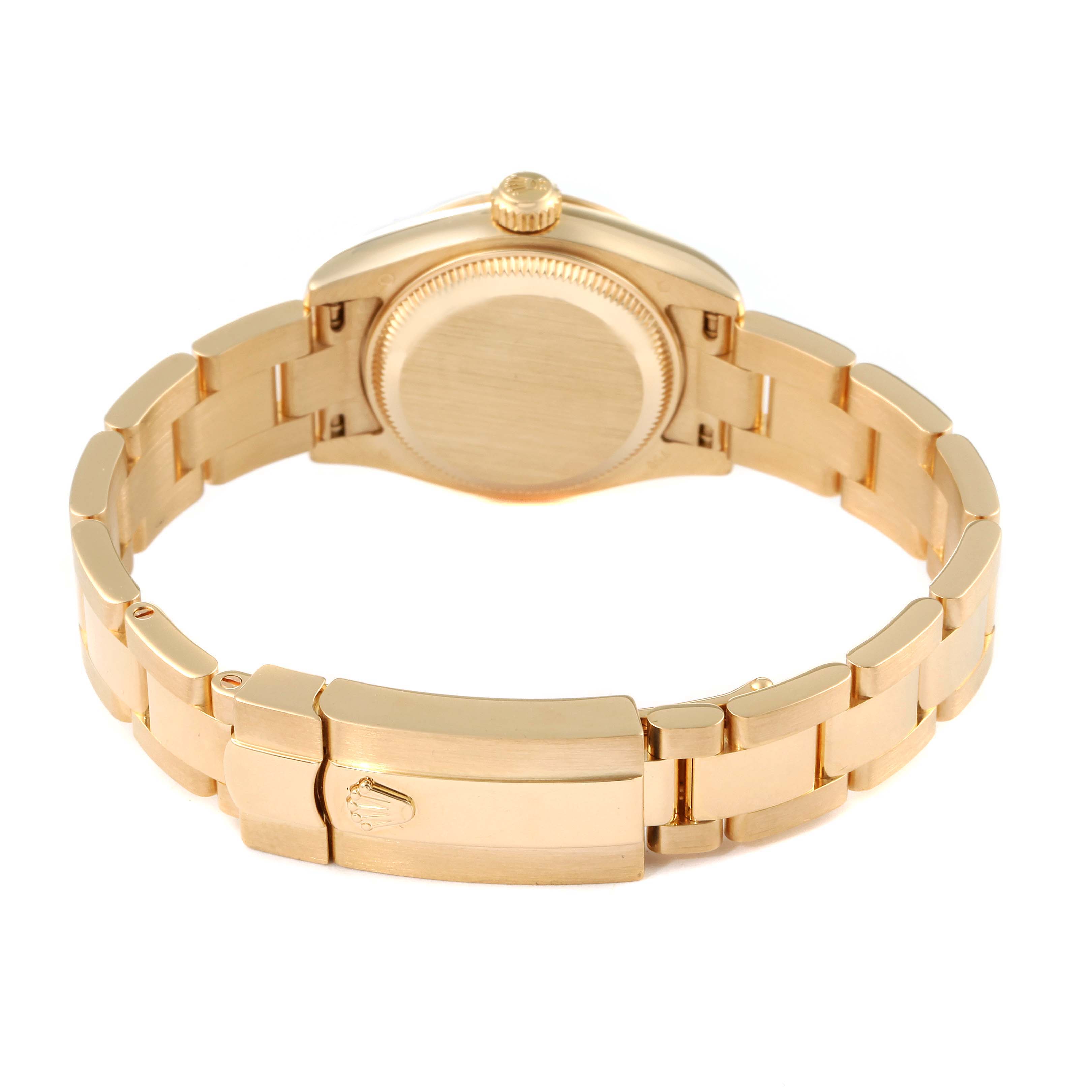 The Rolex President 179178 Women
s Yellow Gold Champagne Dial 179178 Women
s Yellow Gold Champagne Dial model watch is shown from the back, highlighting the case back, bracelet, and clasp.